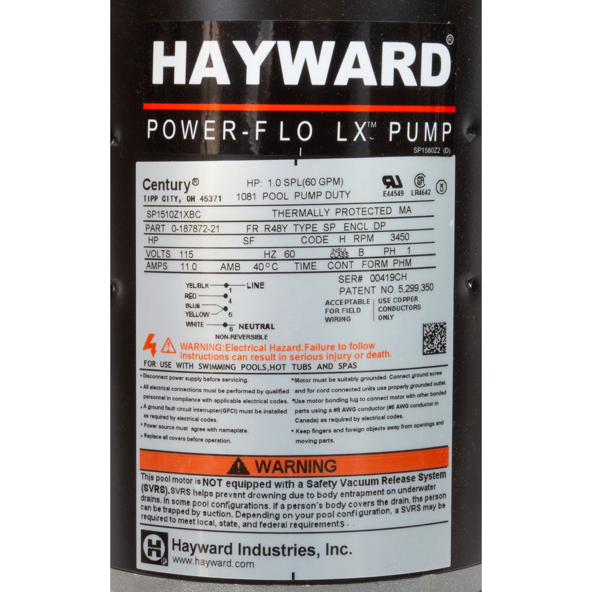Pump, Hayward PowerFlo LX, 1.0hp, 115v, 1-Spd, 1-1/2", Nema : W3SP1580
