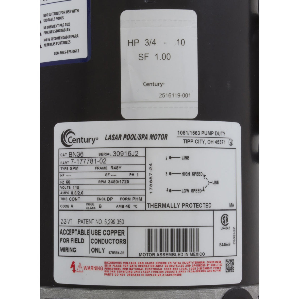 Pump, WW E-Series, 0.75hp, 115v, 2-Spd, 48fr, 1-1/2", OEM : 3420310-15