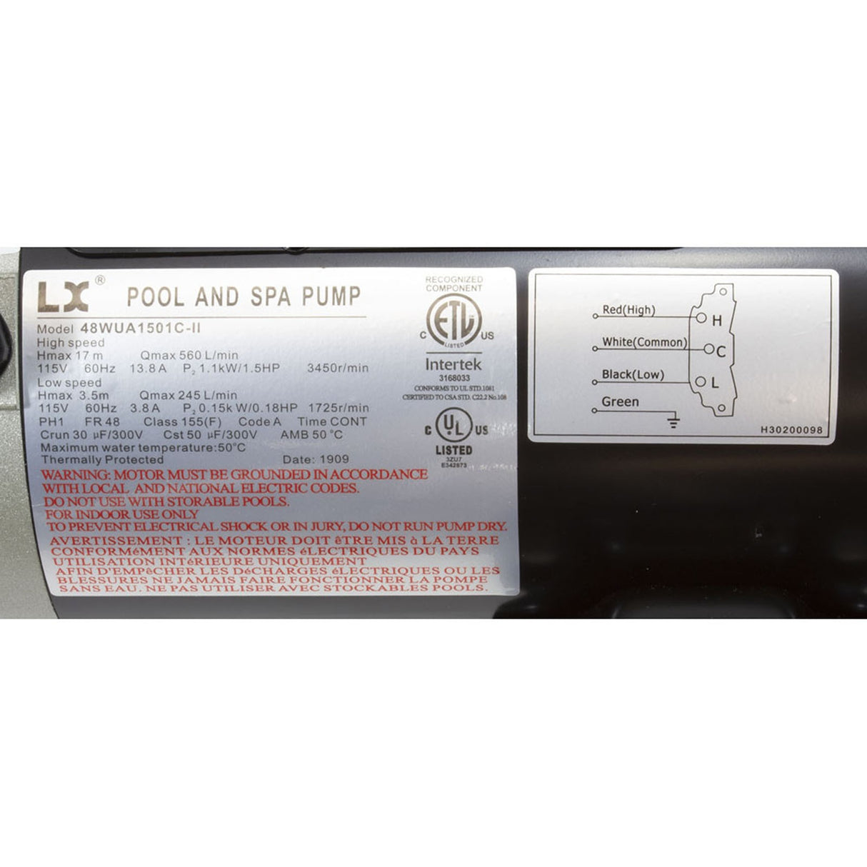 Pump, LX 48WUA, 1.5hp, 115v, 2-Spd, 48Fr, 2", SD, Bracketless : 48WUA1501C-II(NF)