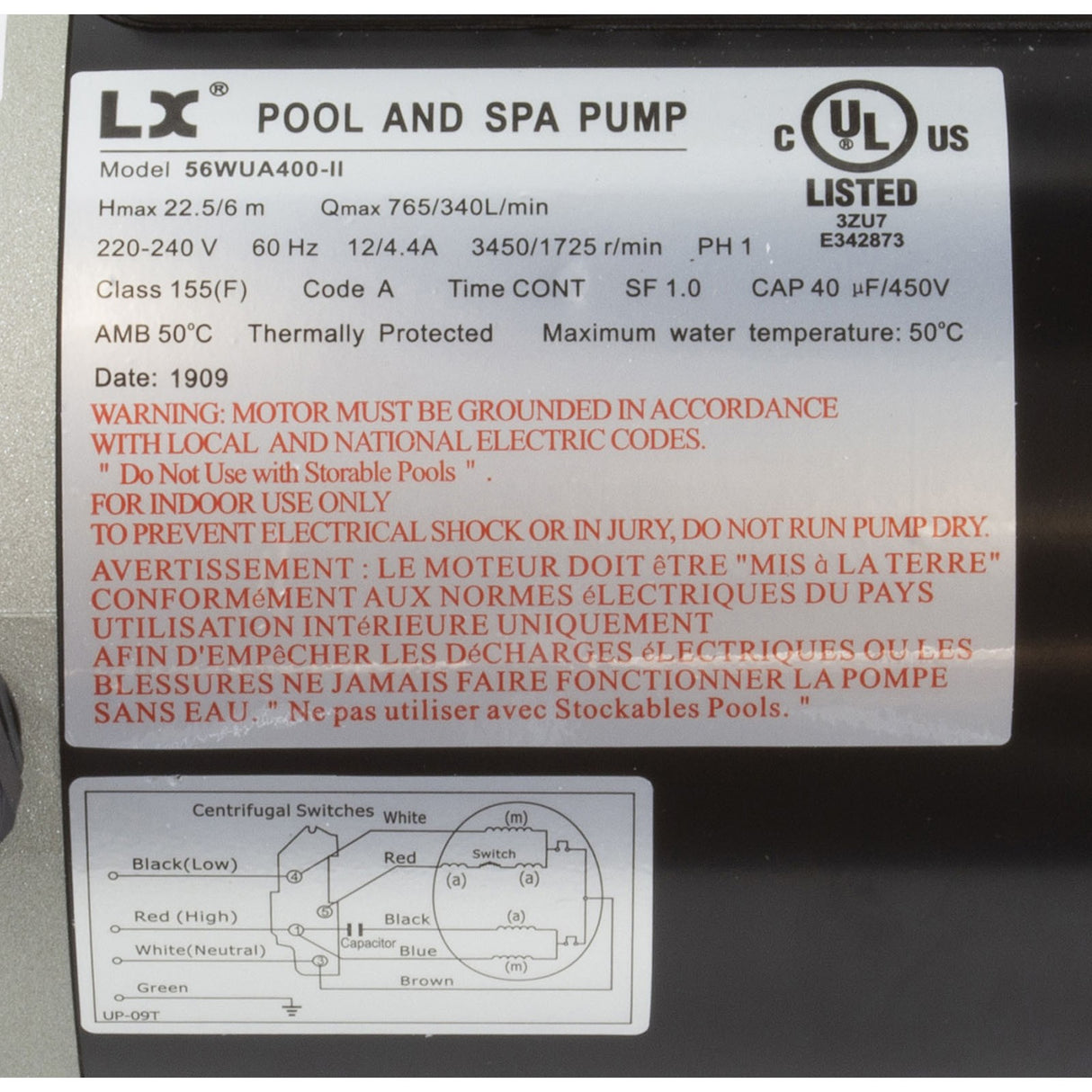 Pump, LX 56WUA, 4.0hp, 230v, 2-Spd, 56Fr, 2", SD, Bracketless : 56WUA400-II(NF)