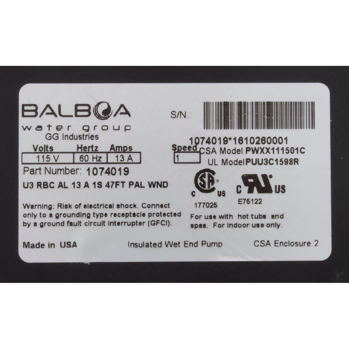 Pump, Bath, BWG Power WOW, 1.5hp, 115v, 1-Spd, 13A, Nema Cord : 1074019 - Balboa Water Group - 1074019 - PartsForSpas.com