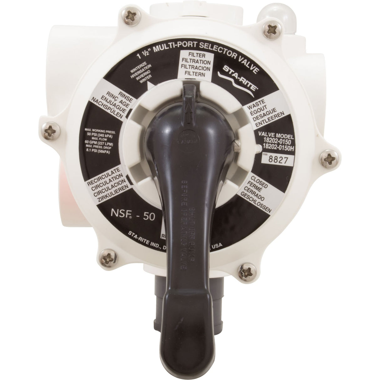 Multiport Valve, Sta-Rite Pentair 1-1/2" Side Mount, 6 Pos : 18202-0150H