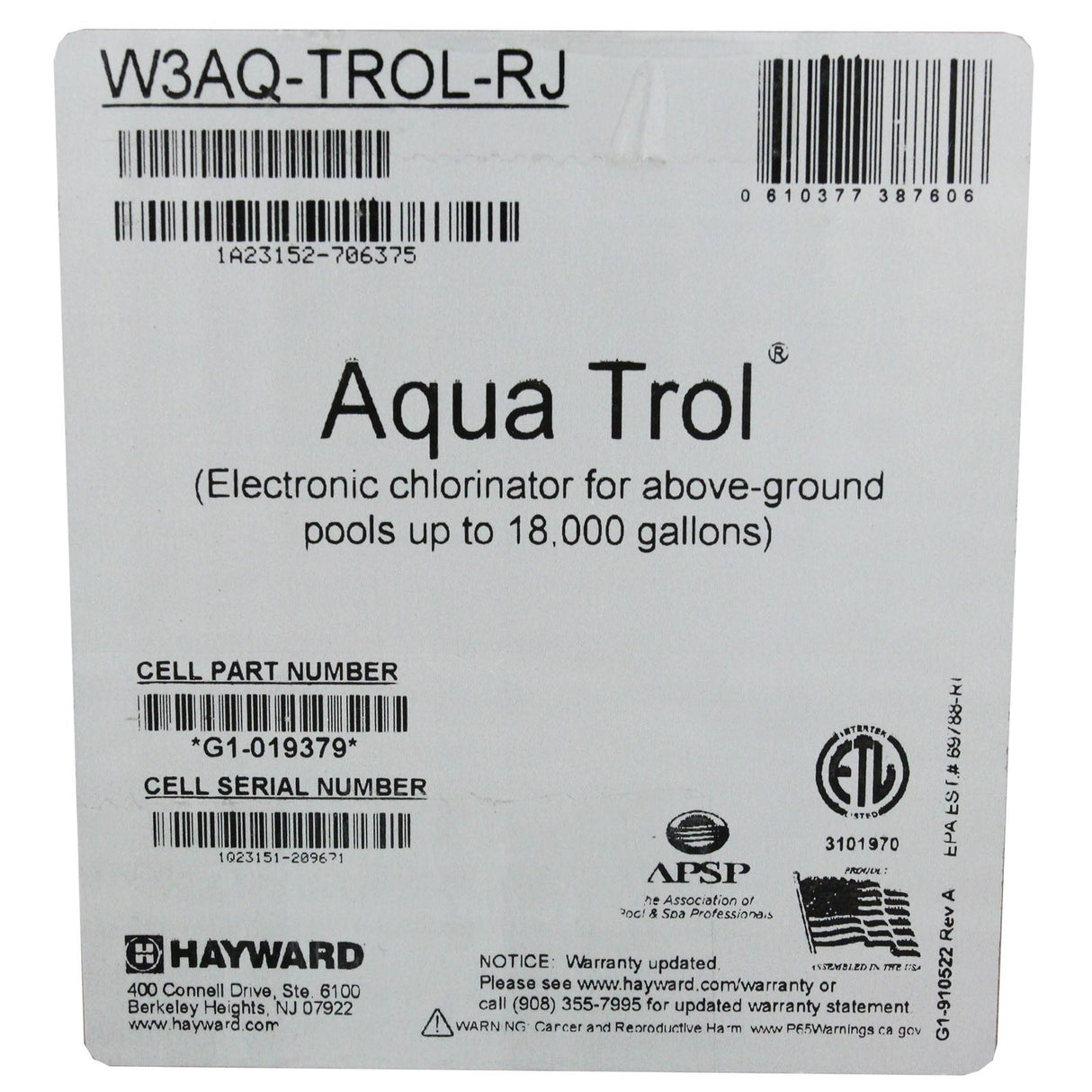 Salt Chlorine Generator, Hayward AquaTrol RJ : W3AQ-TROL-RJ