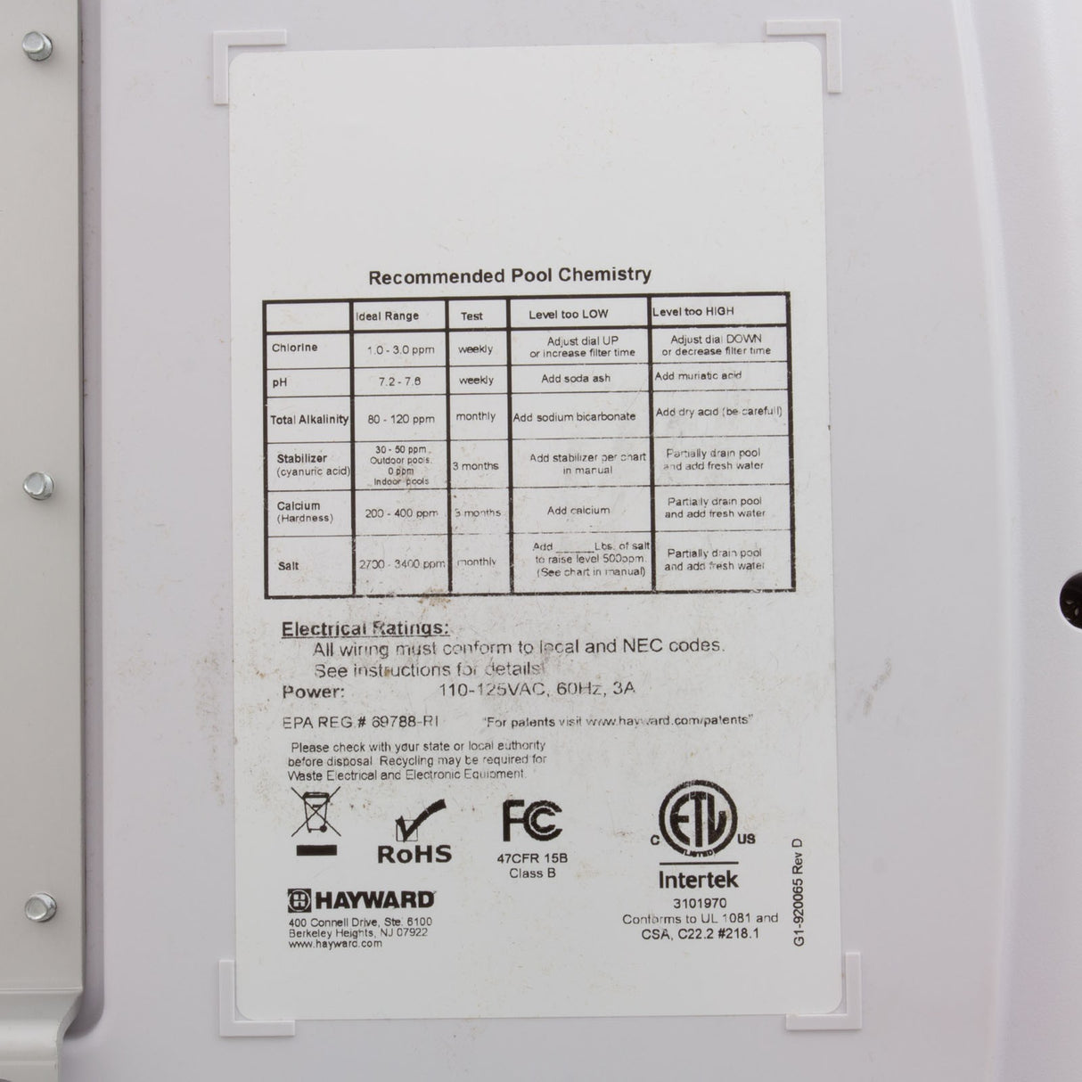 Salt Chlorinator Ctrl Unit, Hayward Salt&Swim Pro, 30k Gal, OL : W3SAS-PRO