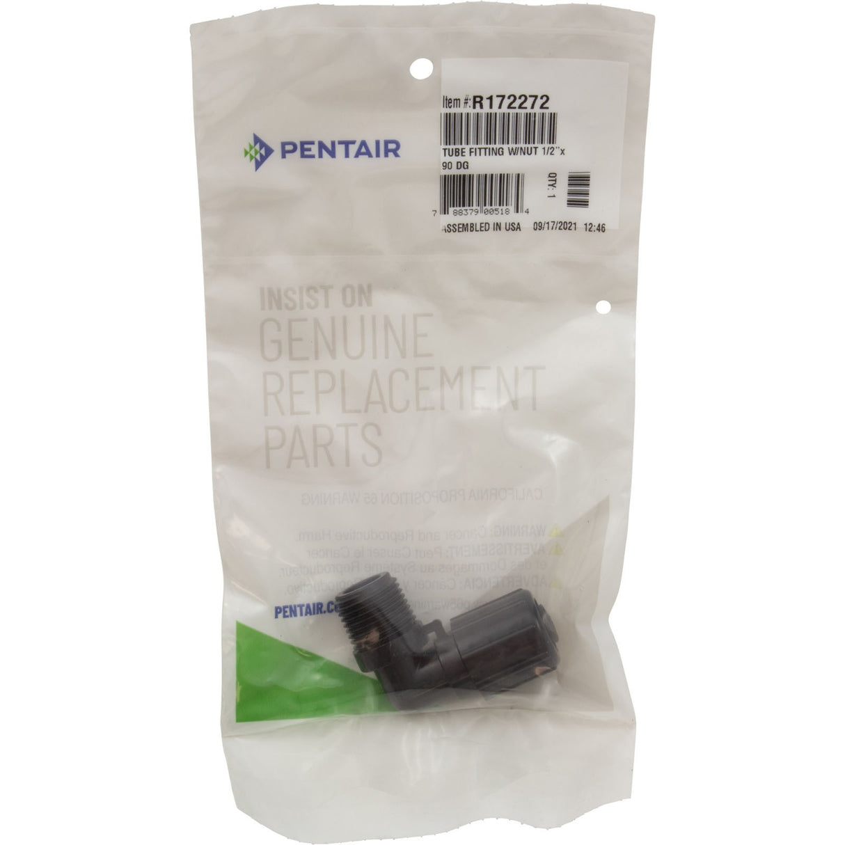 Tube Ftng, Pentair Auto.Feeder 300-29X, 320, 322, 1/2x 90 w/Nut : R172272Z