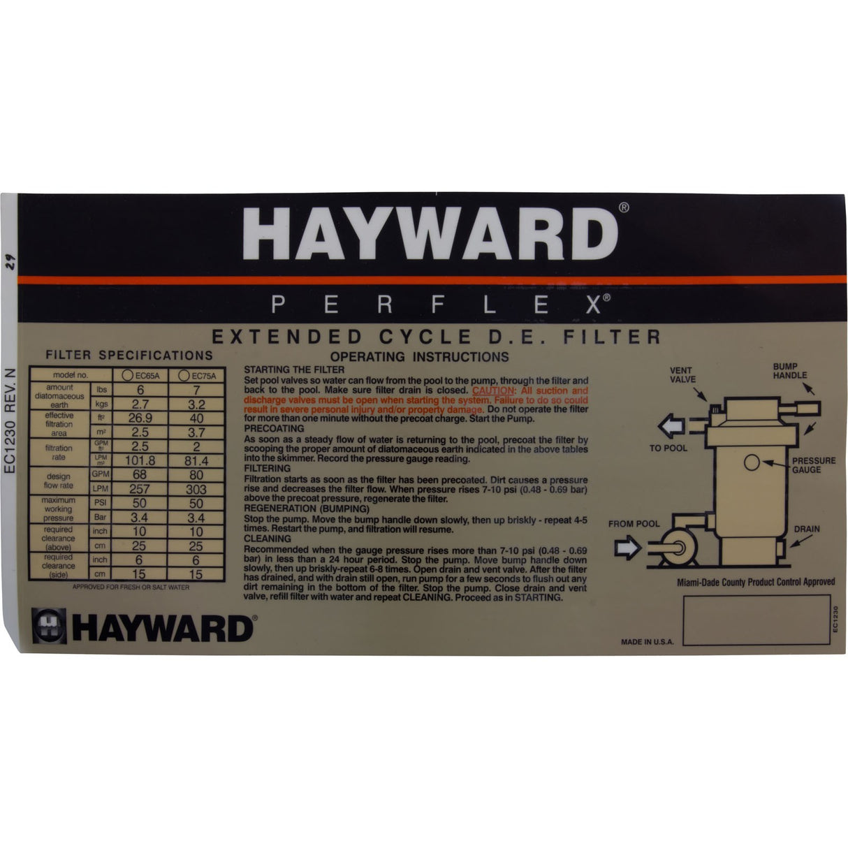 Decal, Hayward Perflex 65/A/75/A : ECX1230