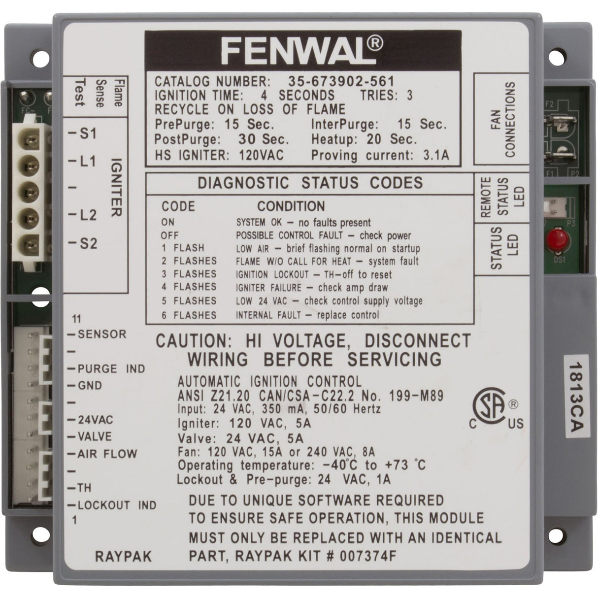 Ignition Control, Raypak Hi Delta 302A/B - 902A/B : 007374F
