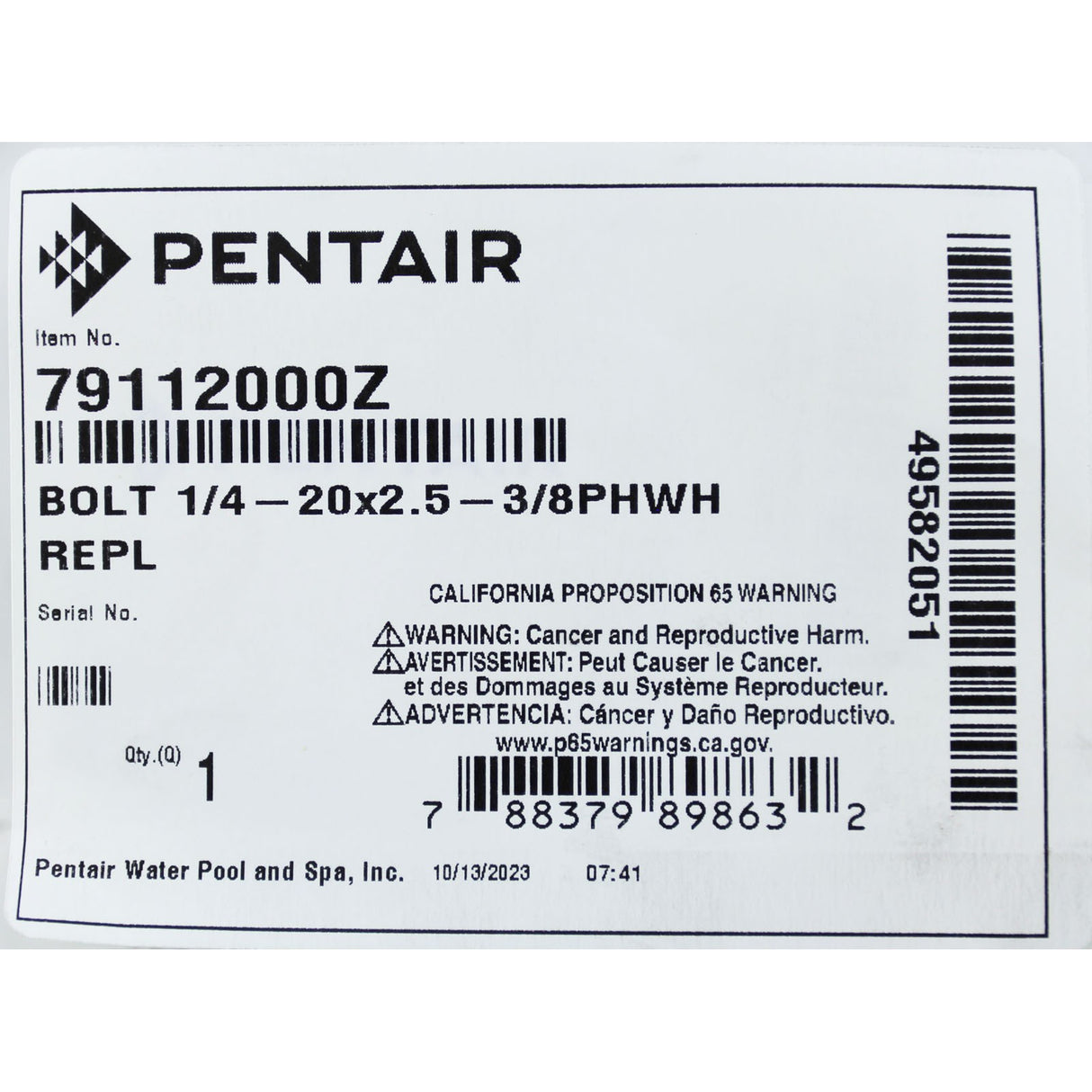 Bolt, Pentair Amerlite, 1/4-20 x 2.5-3/8, Pan Head, Washer : 79112000Z