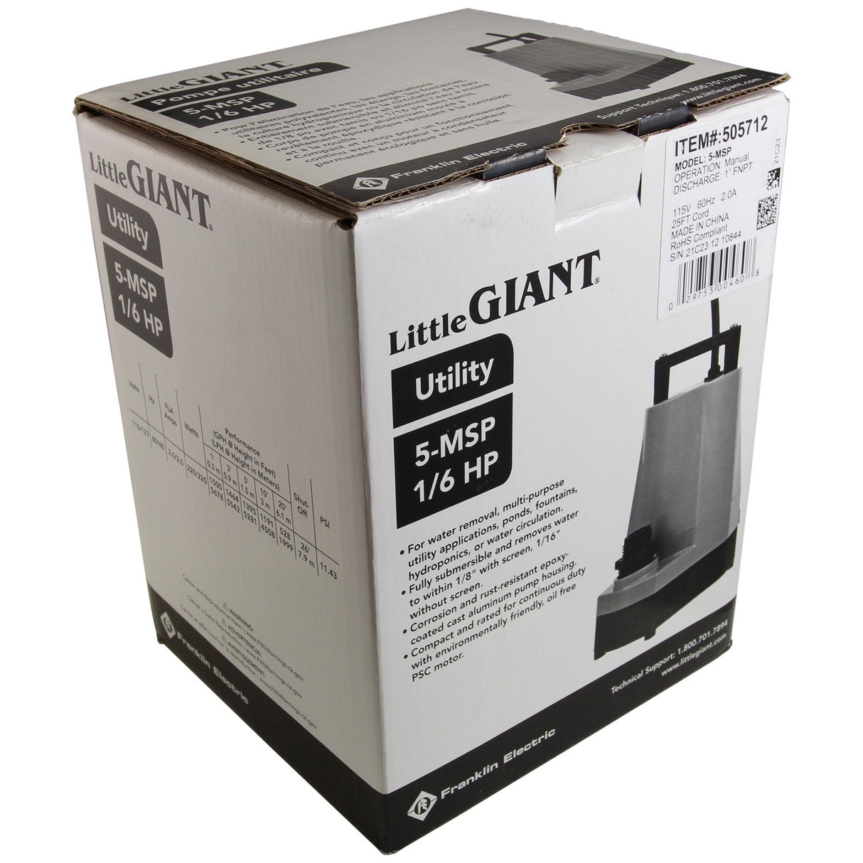 Pump, Submersible, Little Giant 5-MSP, 1/6hp, 115V, 25ft : 505712