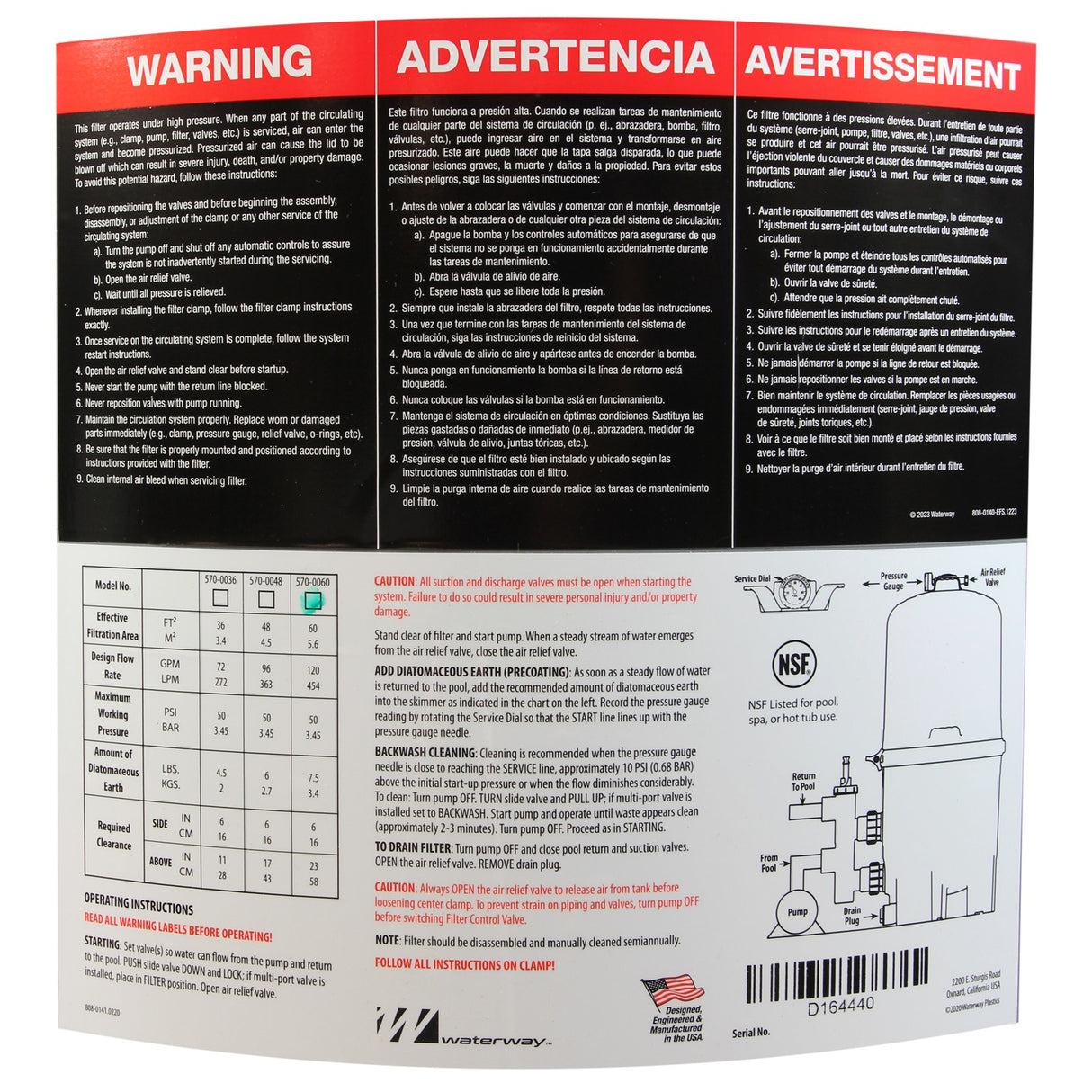 Tank Lid, Waterway CrystalWater, 60 sqft, w/ Labels : 550-4440B
