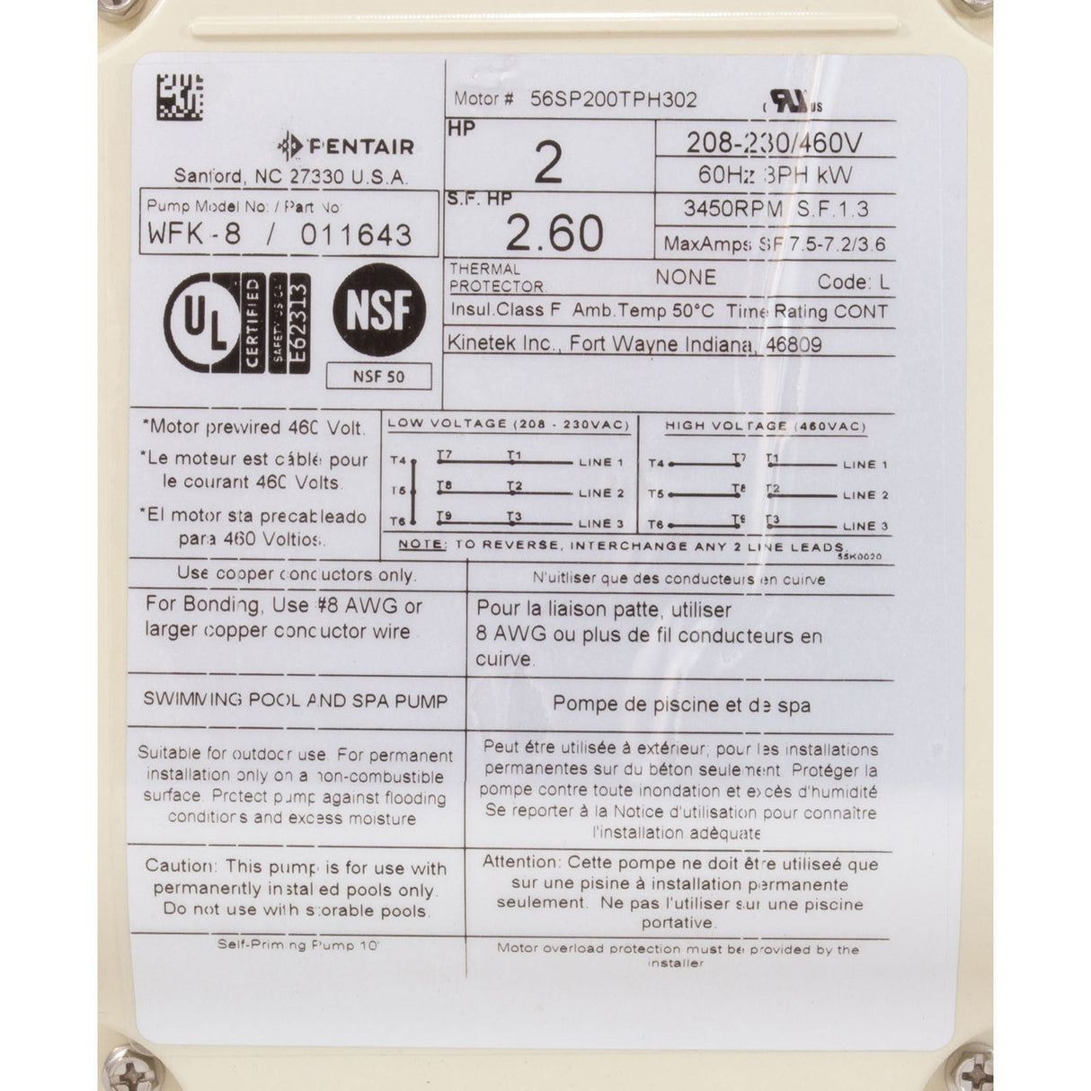 Pump, Pentair WhisperFlo, 2.0hp, 208-230/460v, 3-Phase, SD : 011643