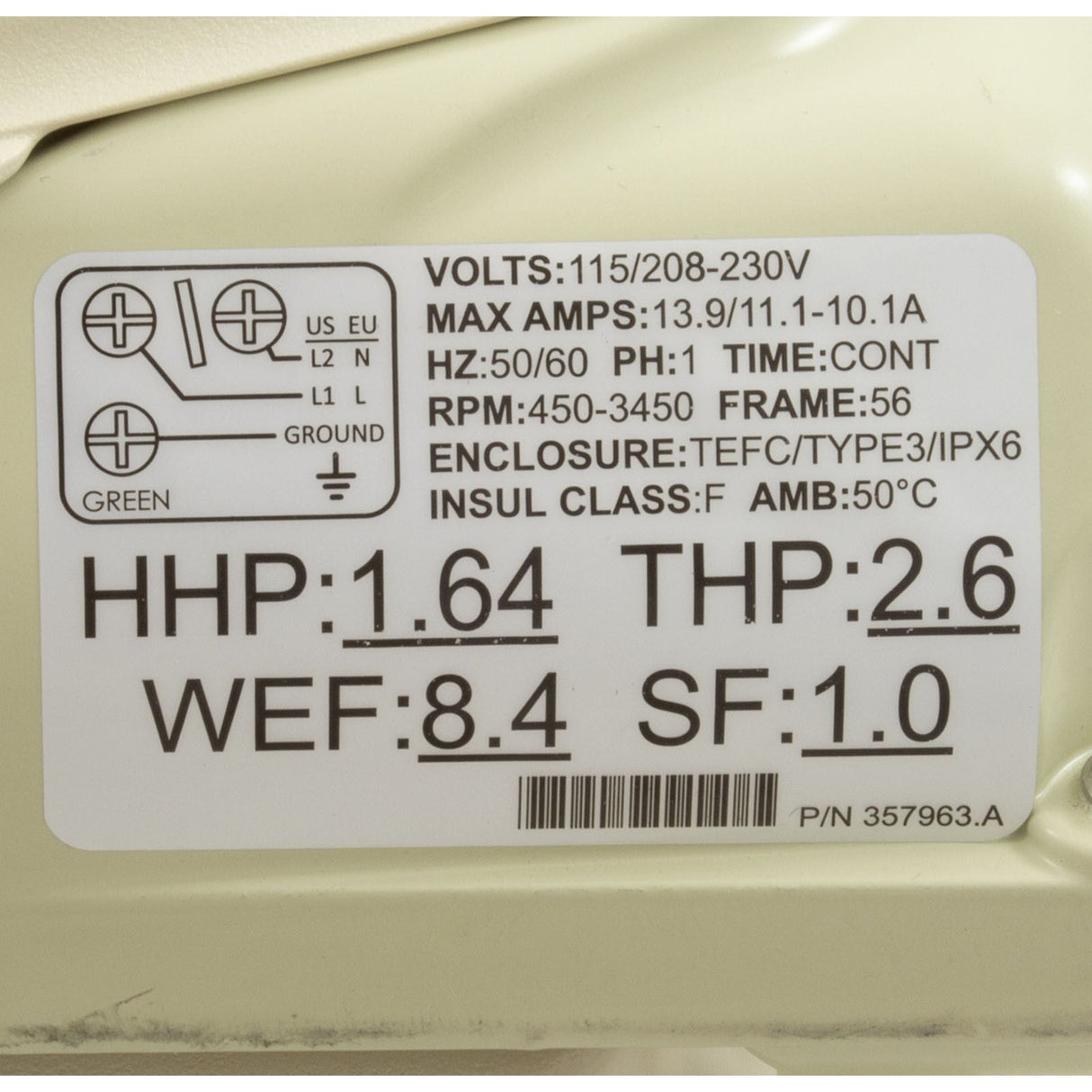 Pump, Pentair WhisperFlo VST, 2.6thp, 115v/208-230v, 2", EC : EC-011533
