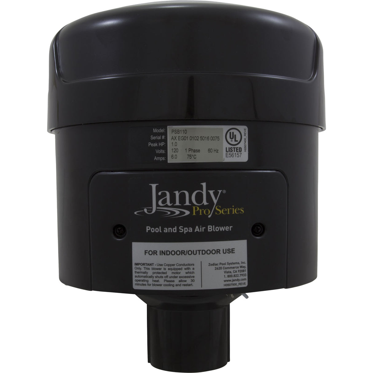 Blower, Zodiac Jandy, Plastic, 1.0hp, 115v, 6.0A, Hardwire : PSB110