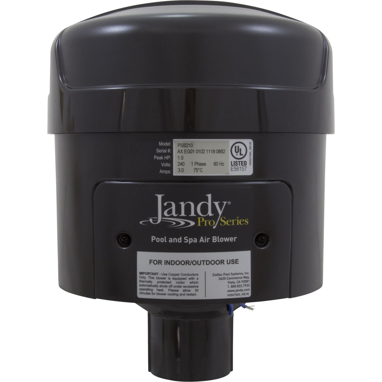 Blower, Zodiac Jandy, Plastic, 1.0hp, 230v, 3.0A, Hardwire : PSB210