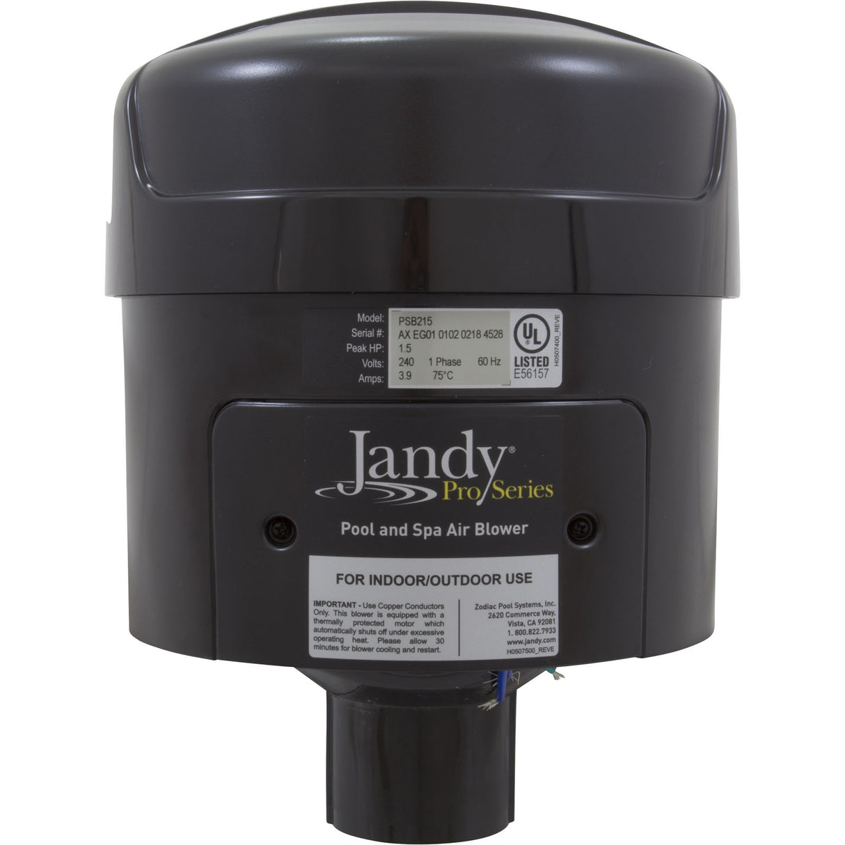 Blower, Zodiac Jandy, Plastic, 1.5hp, 230v, 3.9A, Hardwire : PSB215