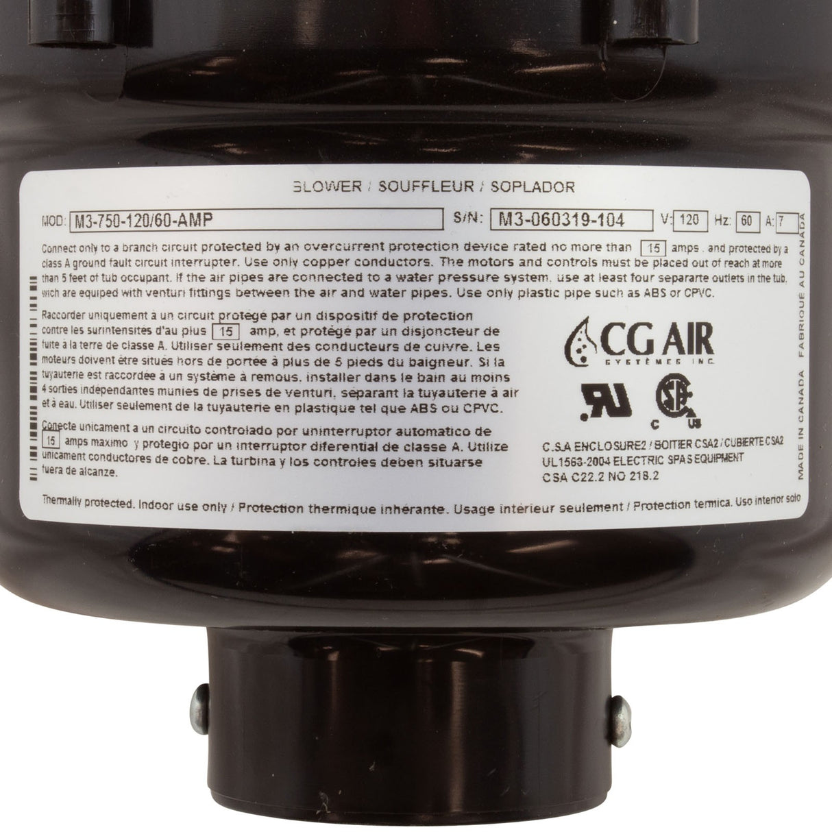 Blower, CG Air Millenium 3, 115v, 7.0A, 3-Spd, 3ft AMP : M3-120/60