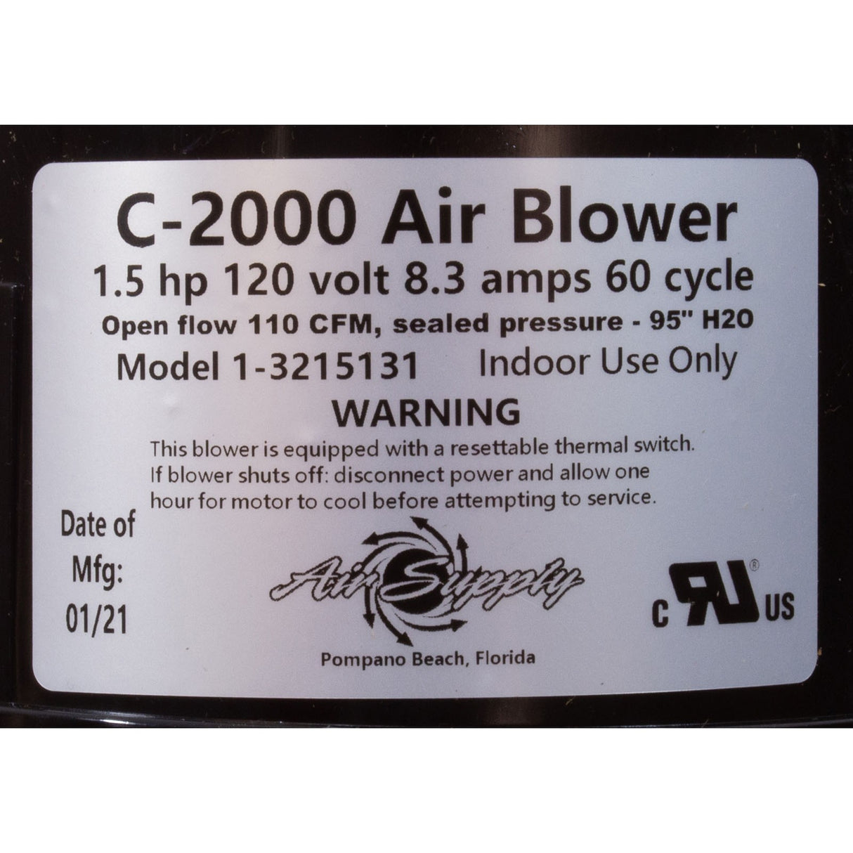 Blower, Air Supply Comet 2000, 1.5hp, 115v, 8.3A, 4ft AMP : 3215131