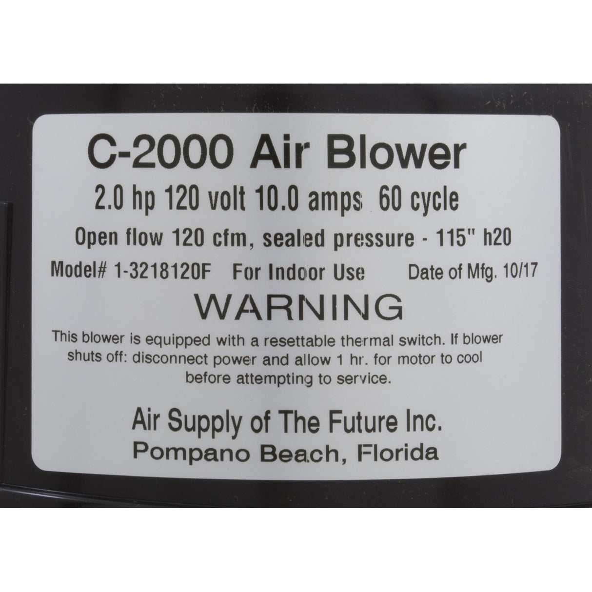 Blower, Air Supply Comet 2000, 2.0hp, 115v, 10A, 4ft AMP : 3220131
