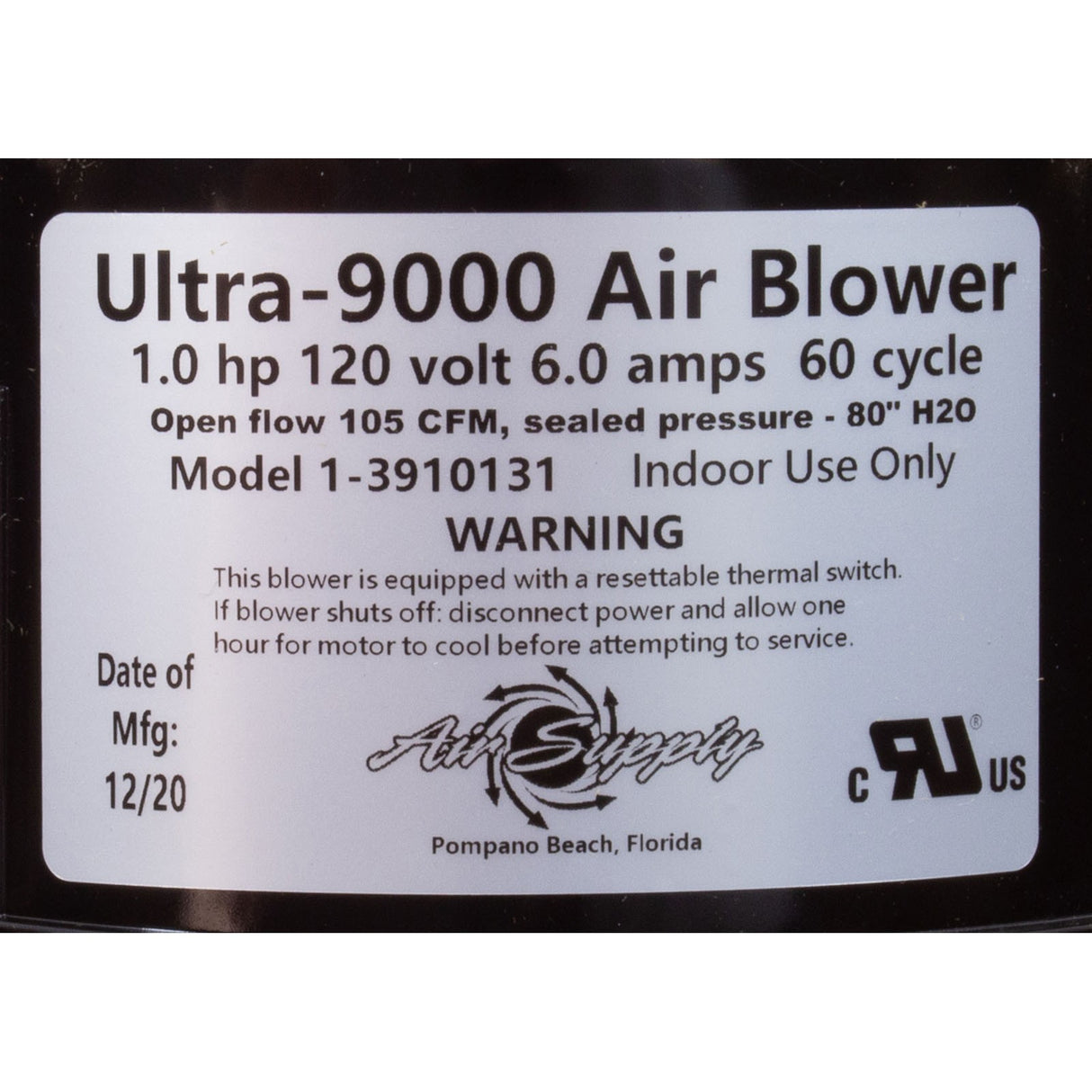 Blower, Air Supply Ultra 9000, 1.0hp, 115v, 6.0A, 4ft AMP : 3910131