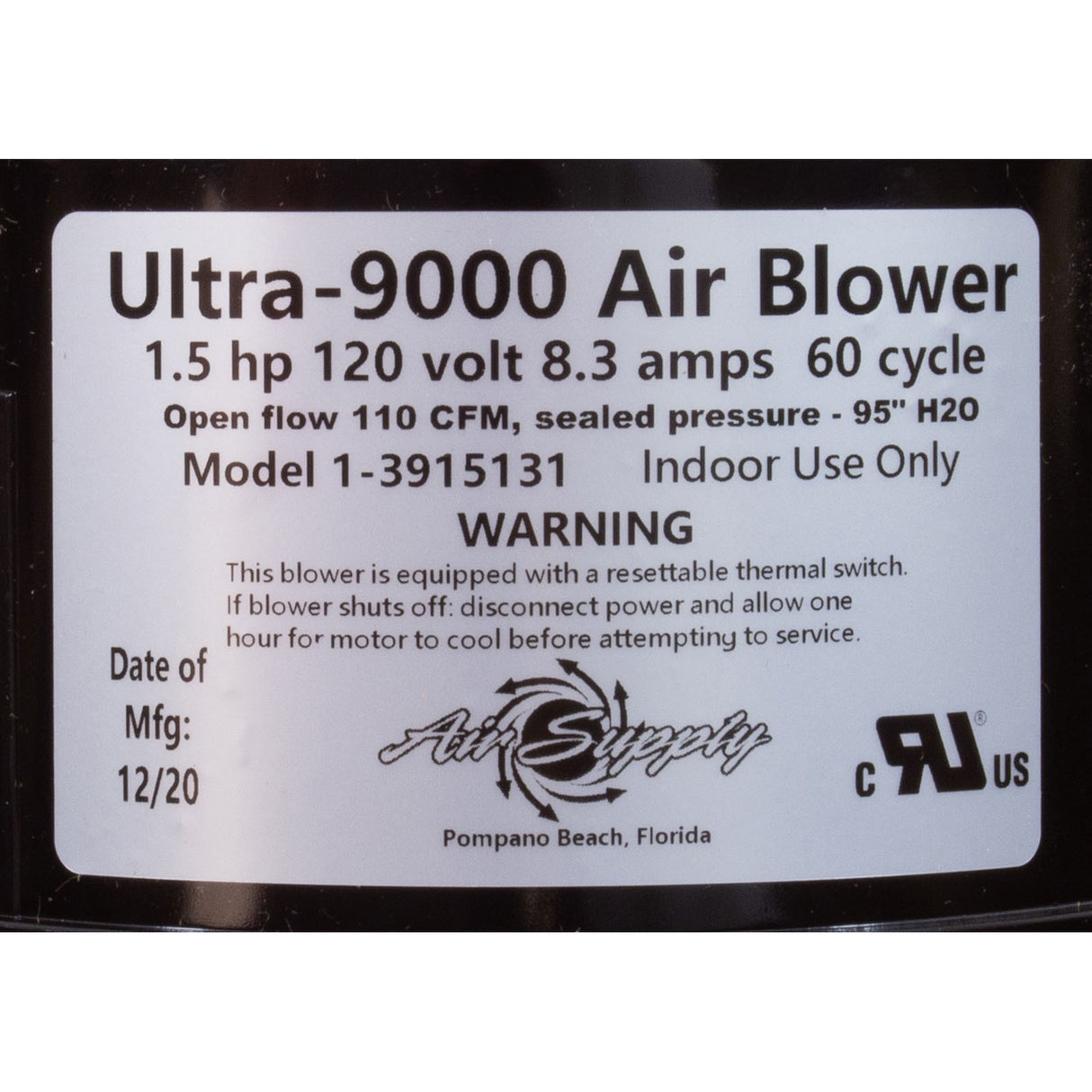 Blower, Air Supply Ultra 9000, 1.5hp, 115v, 8.3A, 4ft AMP : 3915131