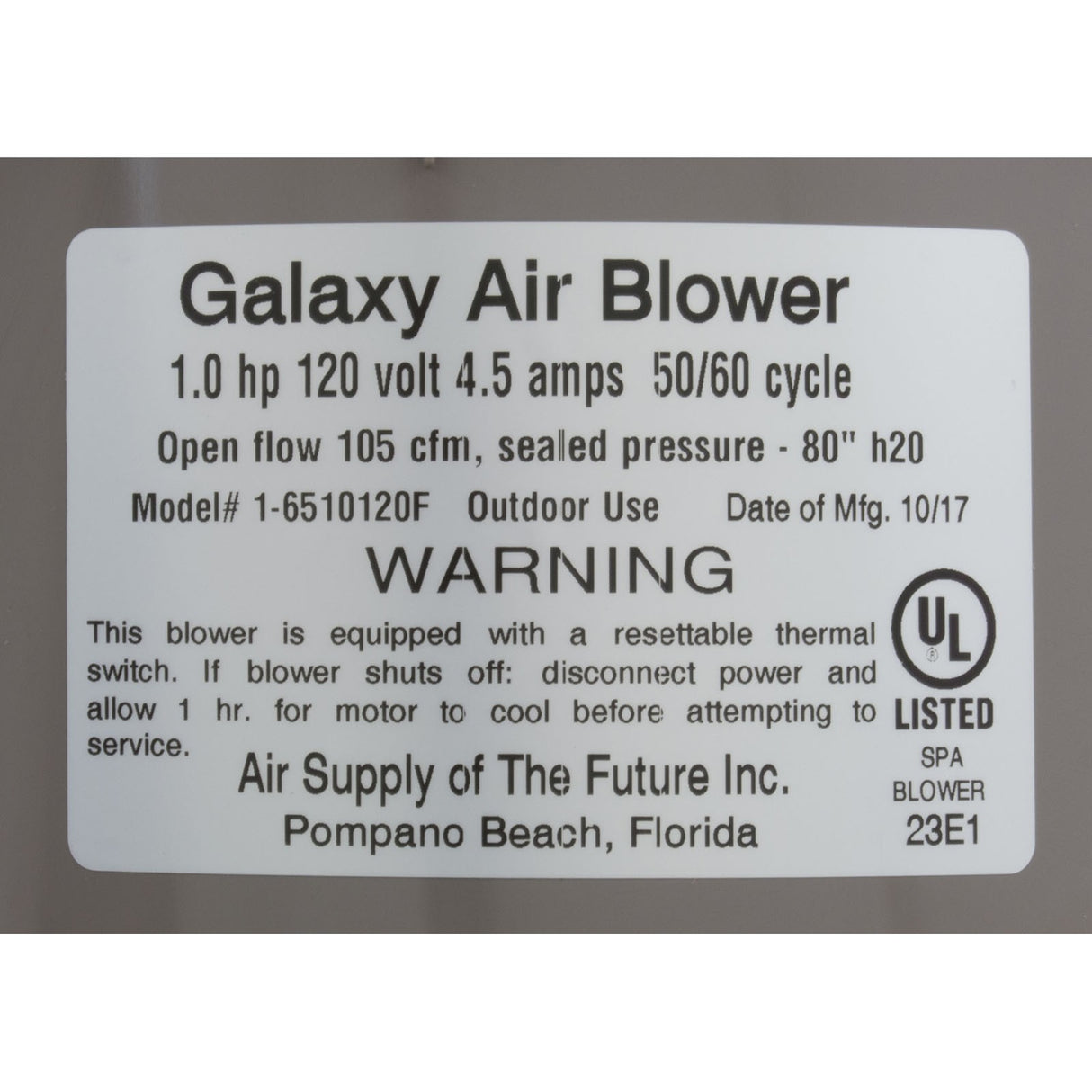 Blower, Air Supply Galaxy Pro, 1.0hp, 115v, 4.5A, Hardwire : 6510131