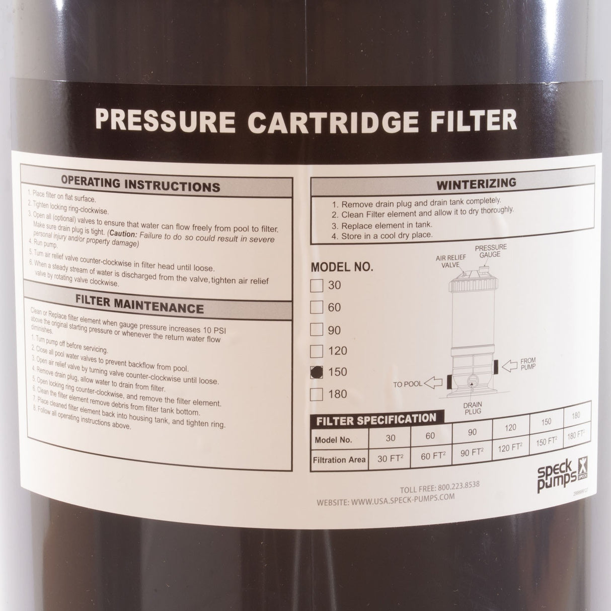 Cartridge Filter, Speck, ACF 150, 150 sqft, 150 GPM, 1-1/2", 72K : CF51A-00000-0CD