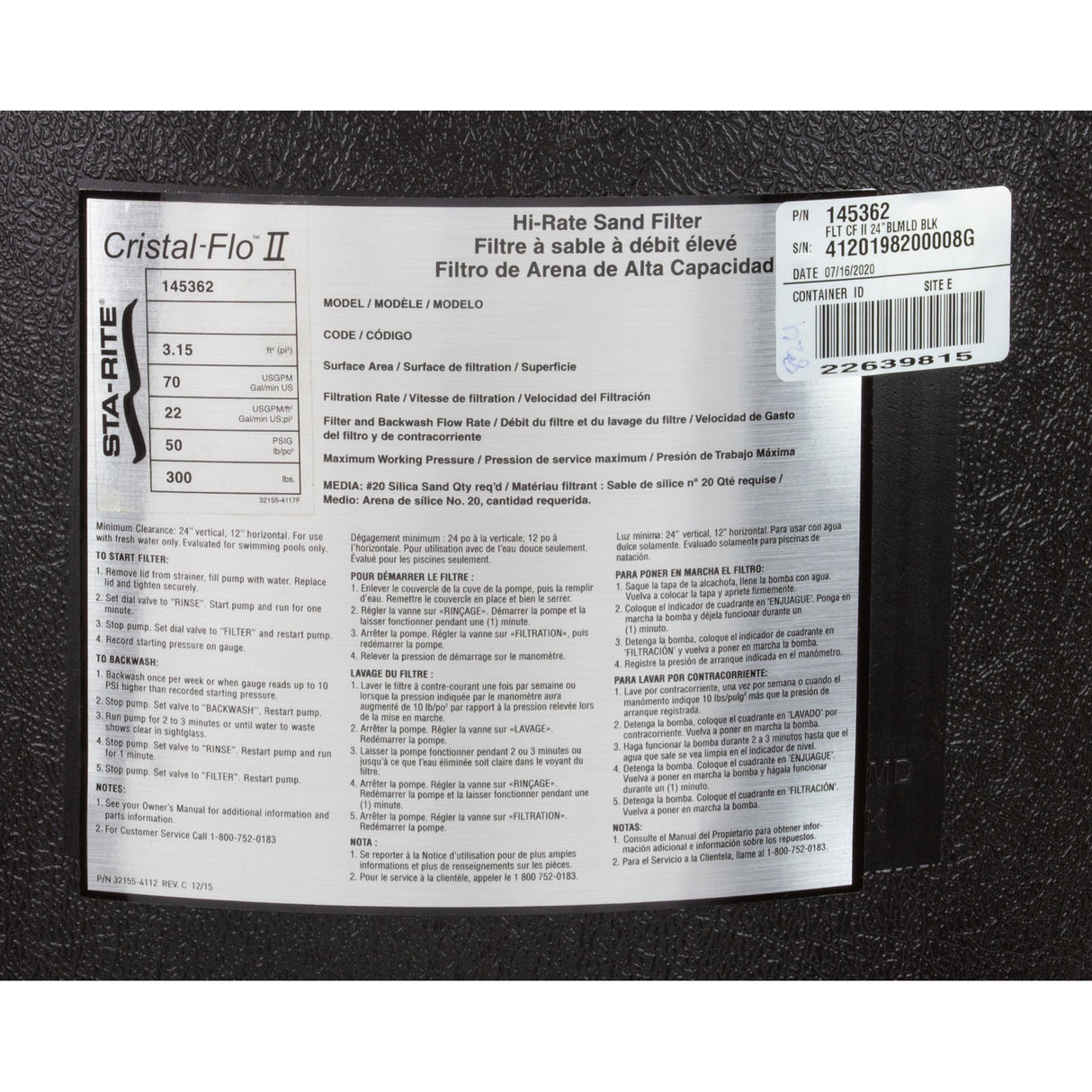 Sand Filter, Pentair CristalFlo II, 24", w/ 1-1/2" MPV : 145362