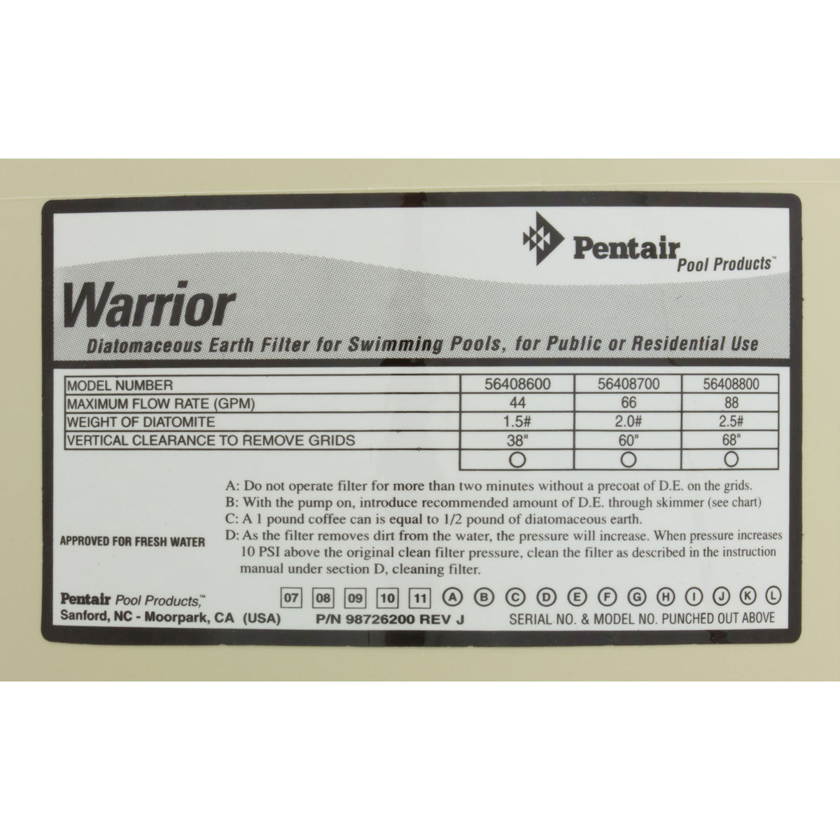 Tank Lid, Pentair American Products Warrior 44/88, Almond : 190041