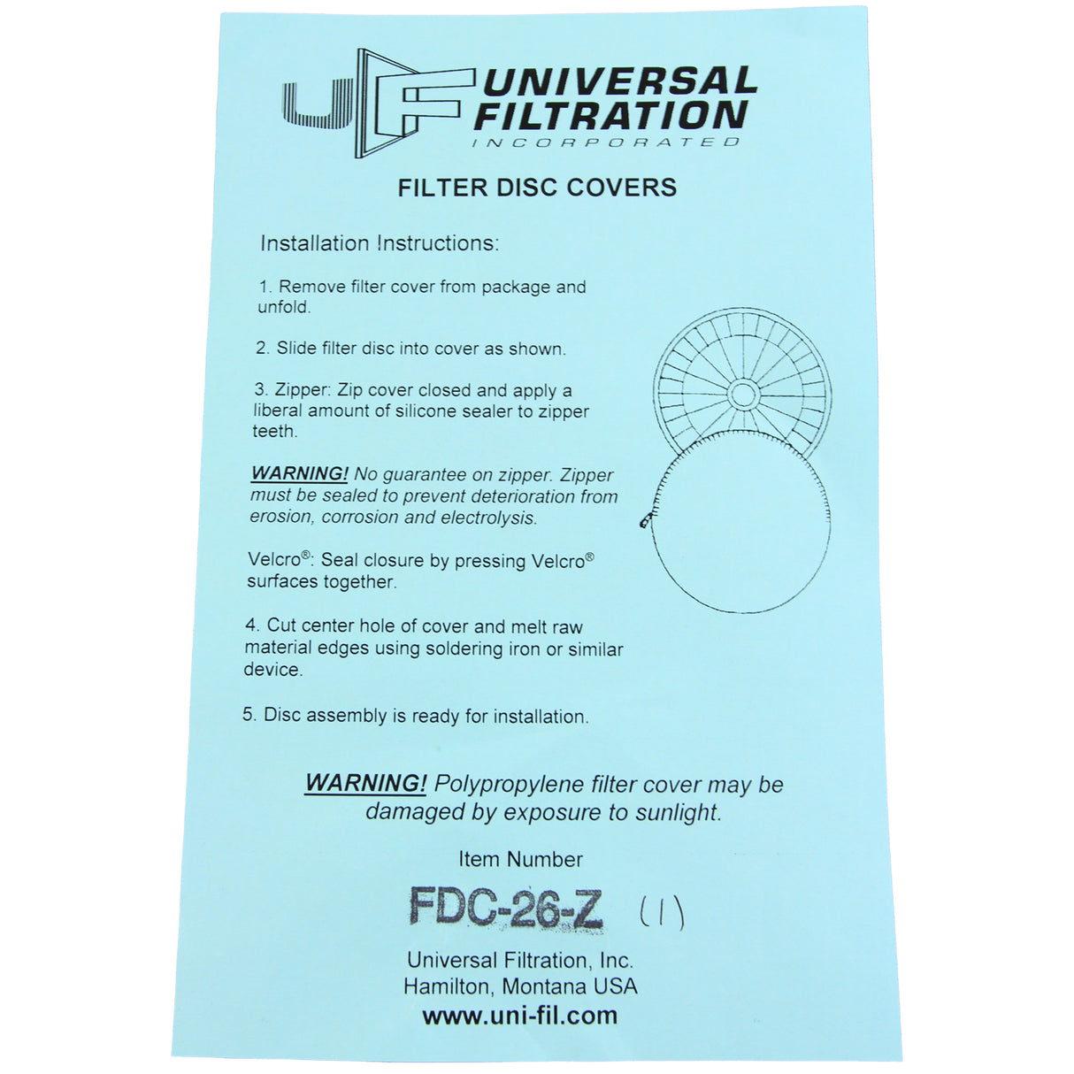 Filter Disc Cover, Universal Filtration, 26" dia, w/ Zipper : FDC-26-Z - Universal Filtration - FDC-26-Z - PartsForSpas.com