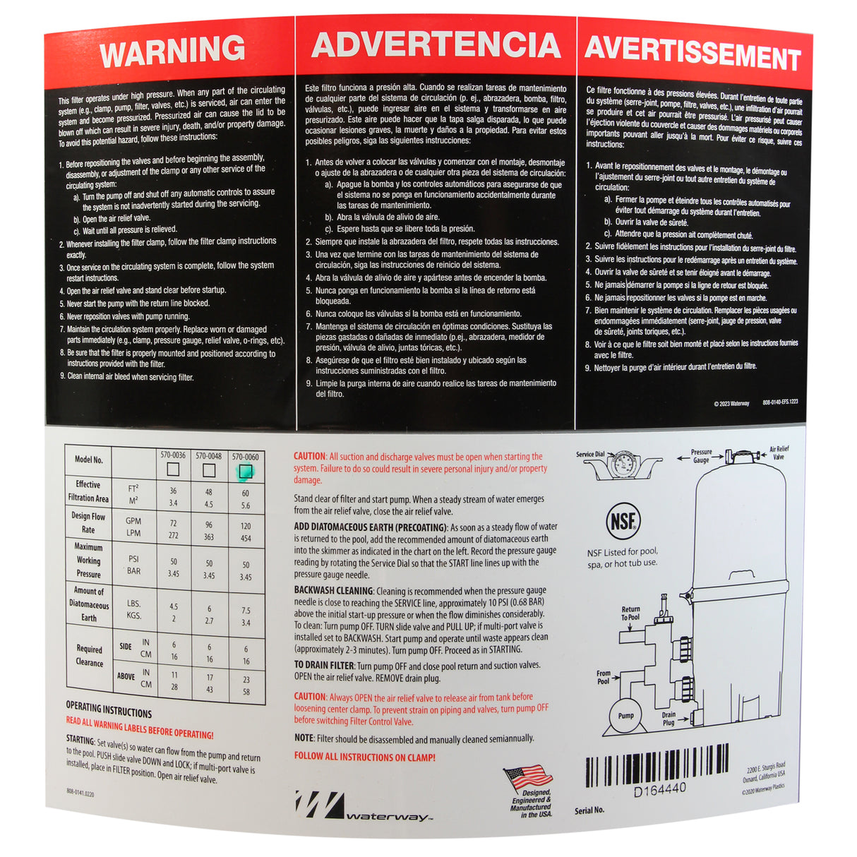 Tank Lid, Waterway CrystalWater, 60 sqft, w/ Labels : 550-4440B