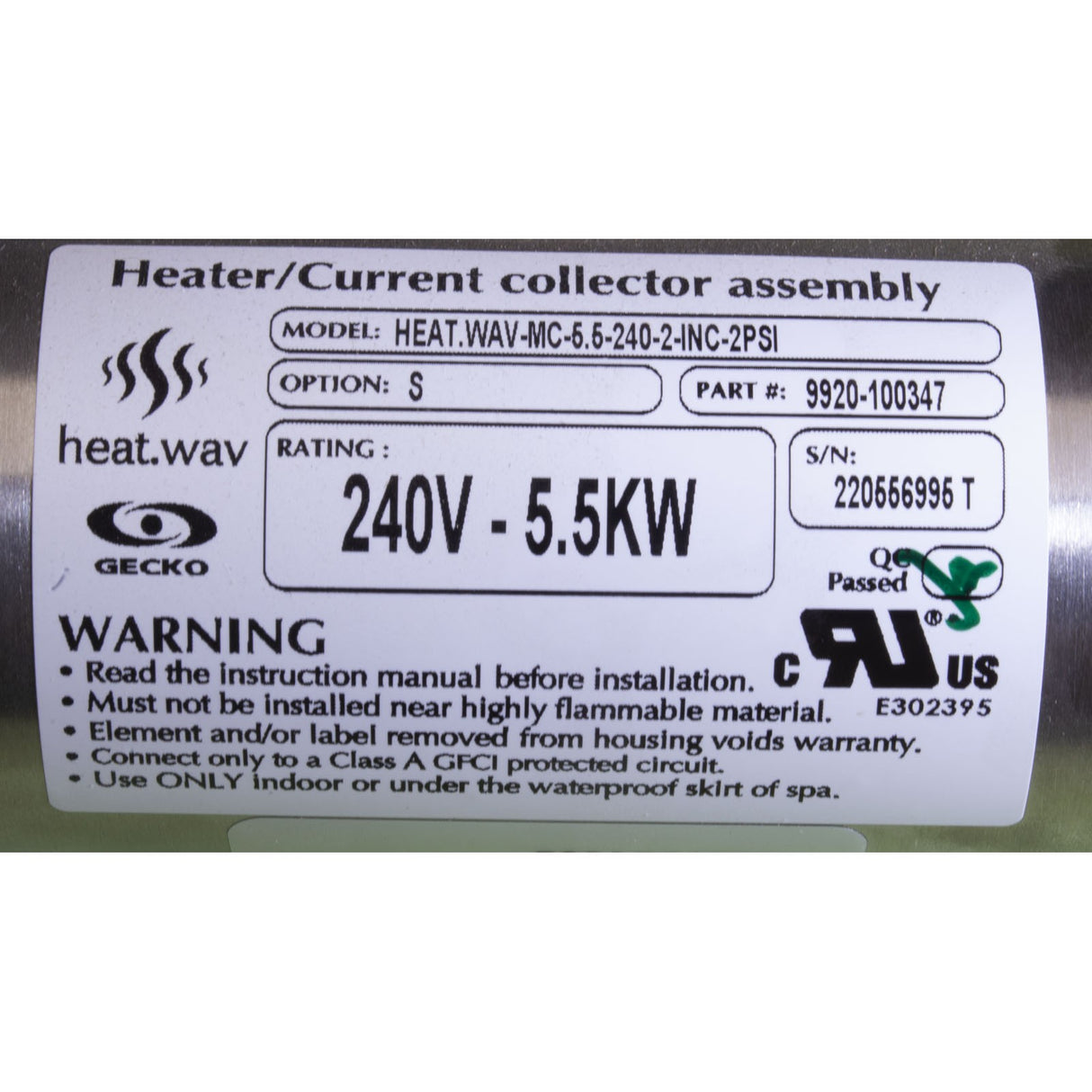 Heater, FloThru, Gecko M-Class, 5.5kW, 15"x2", 230v, w/ PS, OEM : 9920-100347