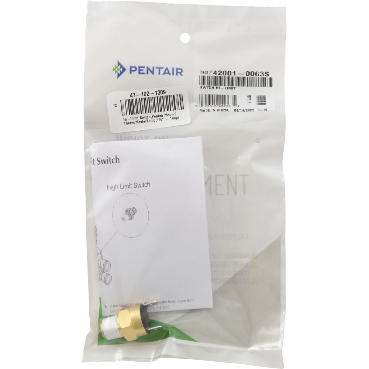 Hi-Limit Switch, Pentair Max-E-Therm/MasterTemp, 1/4" - 18npt : 42001-0063S