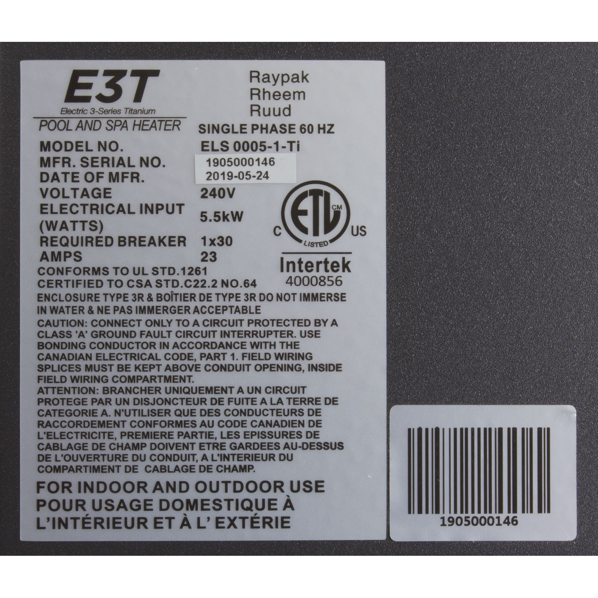 Digital Electric Heater, Raypak E3T, 1-1/2" mpt, 230v, 5.5kW : 017121