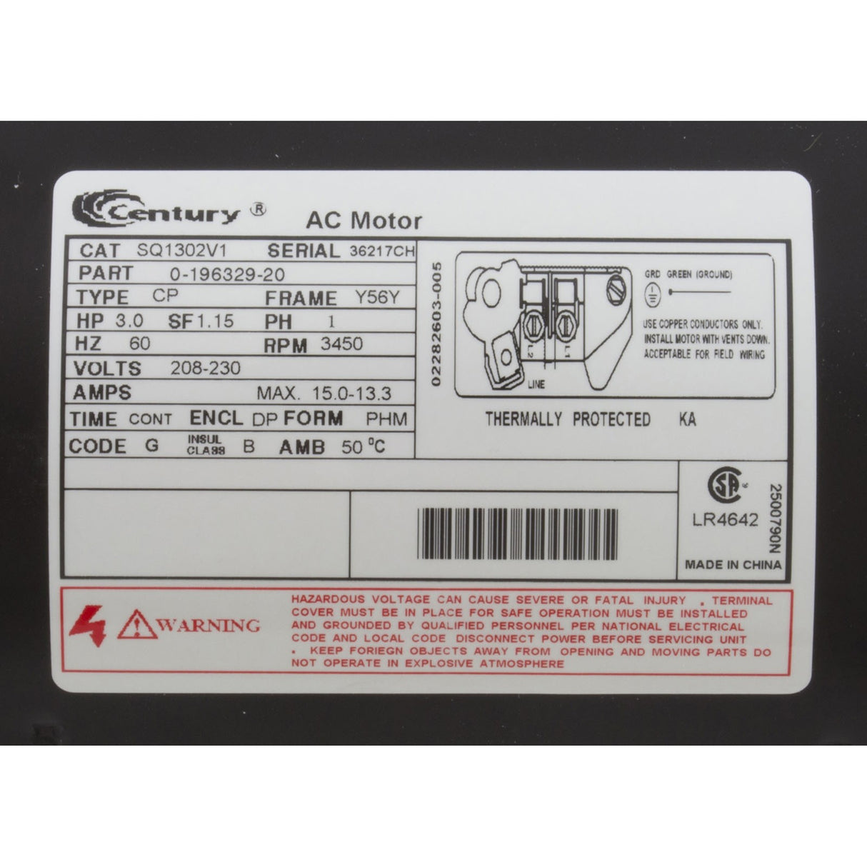 Mtr, Cent, 3Hp, 208-230V, 1-Sp, Sf1.15, 56Yfr : SQ1302V1