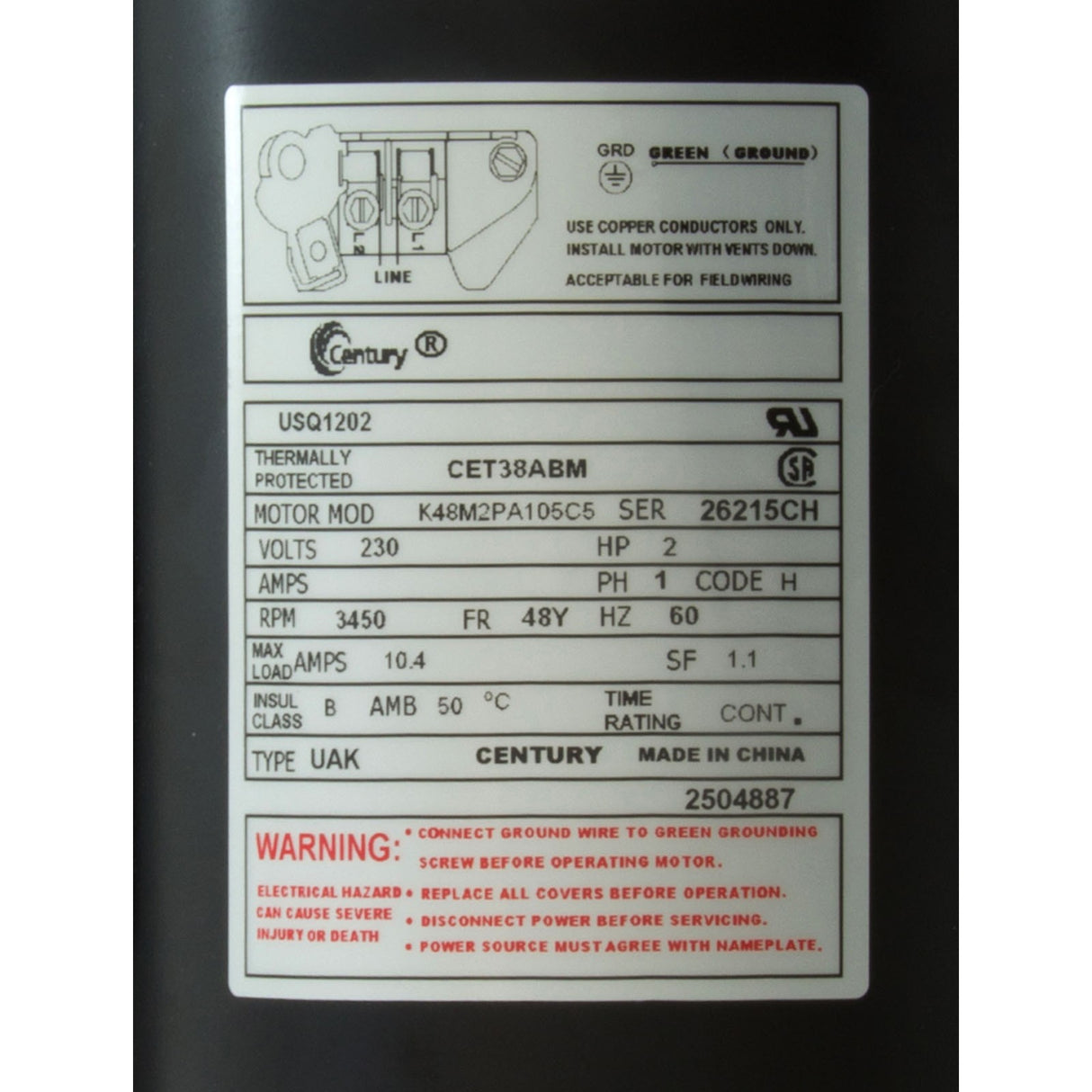 Mtr, Cent, 2Hp, 230V, 1-Sp, Sf1.1, 48Yfr : USQ1202