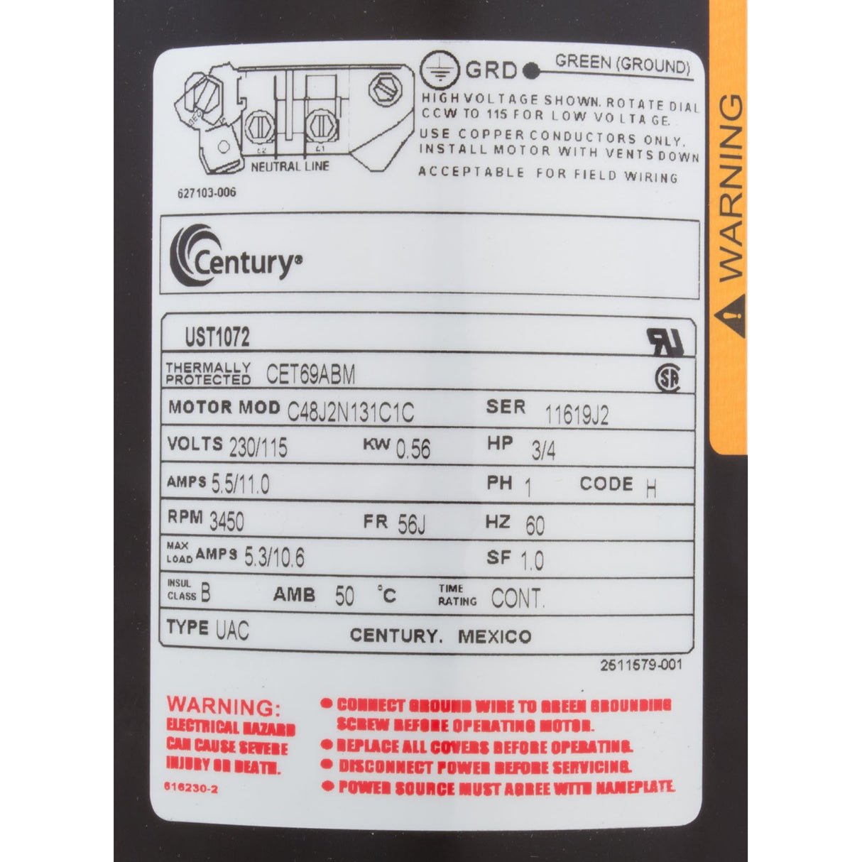 Mtr, Cent, .75Hp, 115/230V, 1-Sp, Sf1, 56Jfr : UST1072