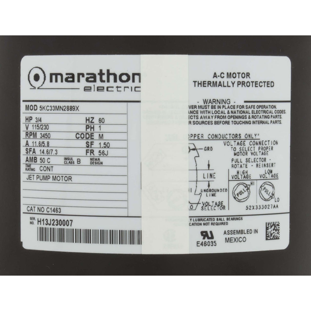 Motor, Marathon, 0.75hp, 115v/230v, 1-Spd, 56Jfr, C-Face Thd : 5U171