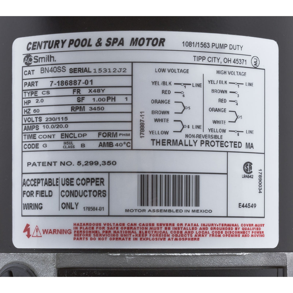 Motor, Century, 2.0 Horsepower, 115v/230v, 1 Speed, 48 Frame : BN40SS