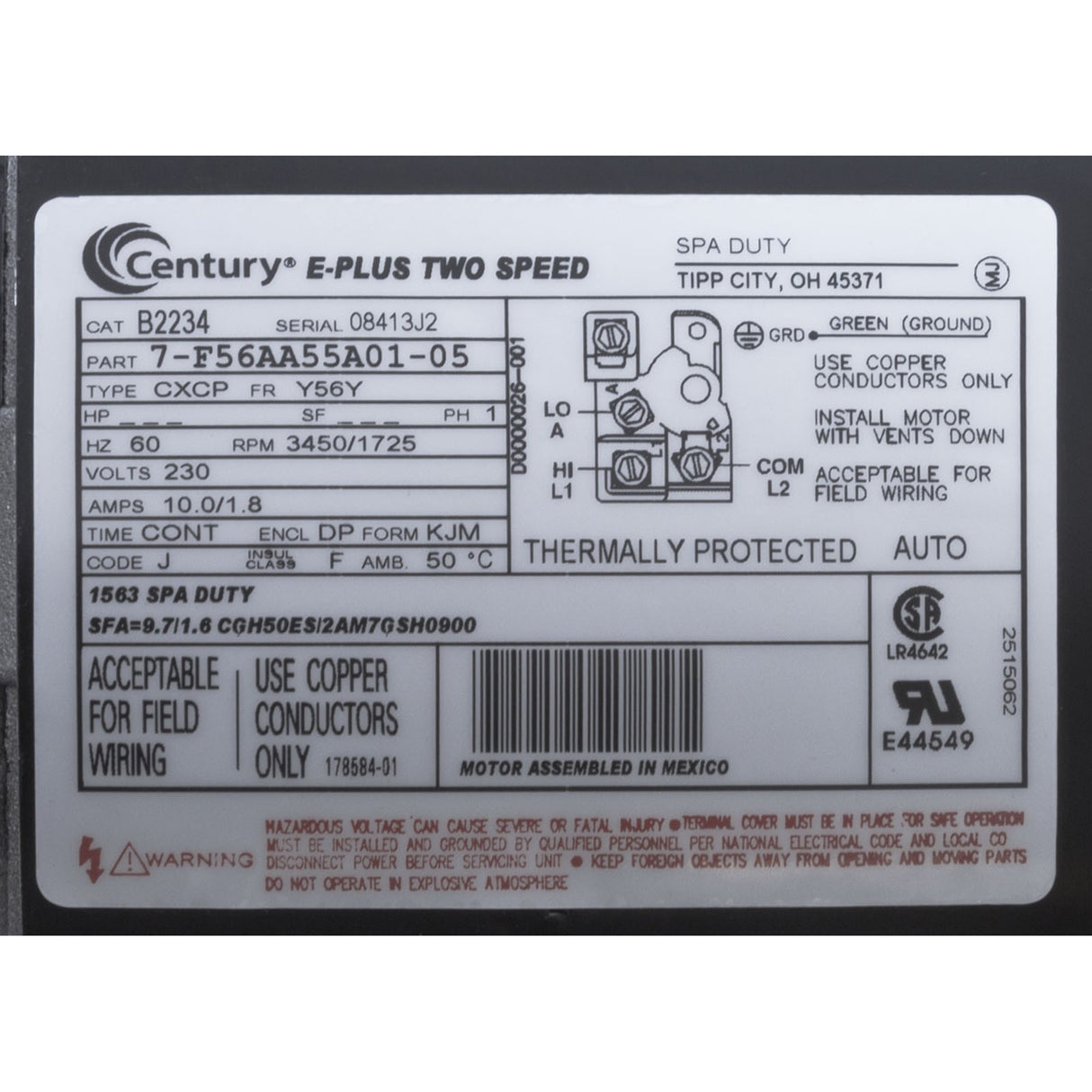 Motor, Century, 3.0 Horsepower, 230v, 2 Speed, 56 Y Frame : B2234