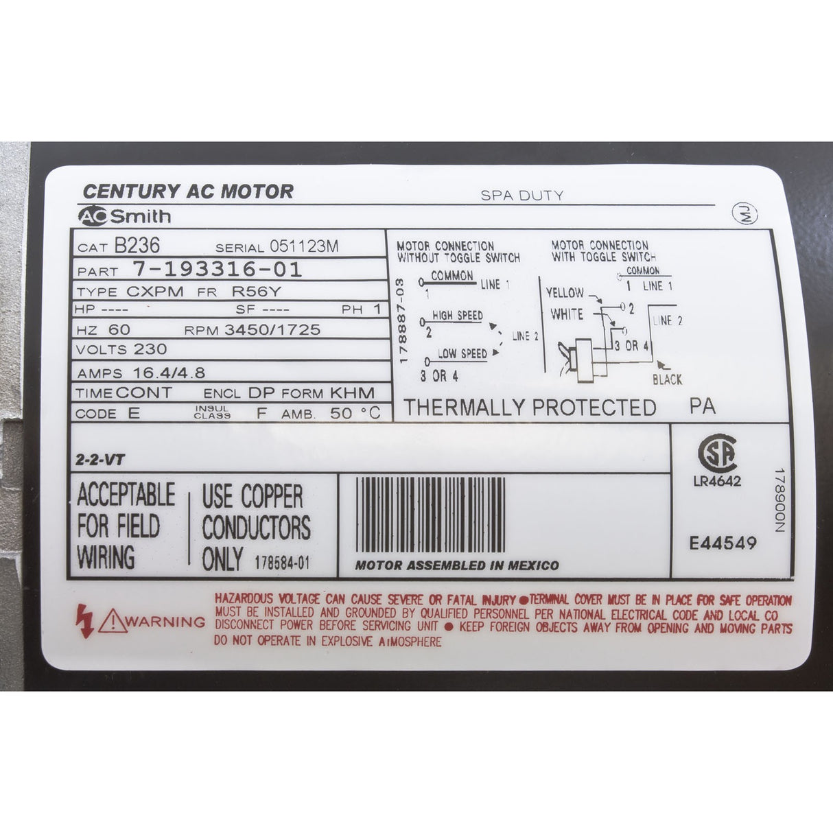 Motor, Century, 5.0 Horsepower, 230v, 2 Speed, 56 Y Frame : B236