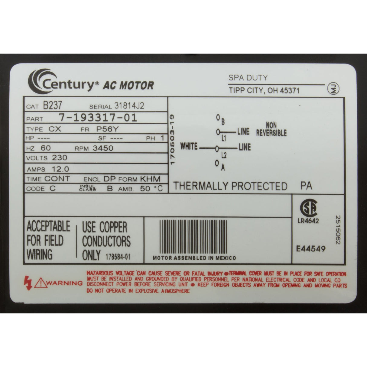 Motor, Century, 3.0 Horsepower, 230v, 1 Speed, 56 Y Frame : B237