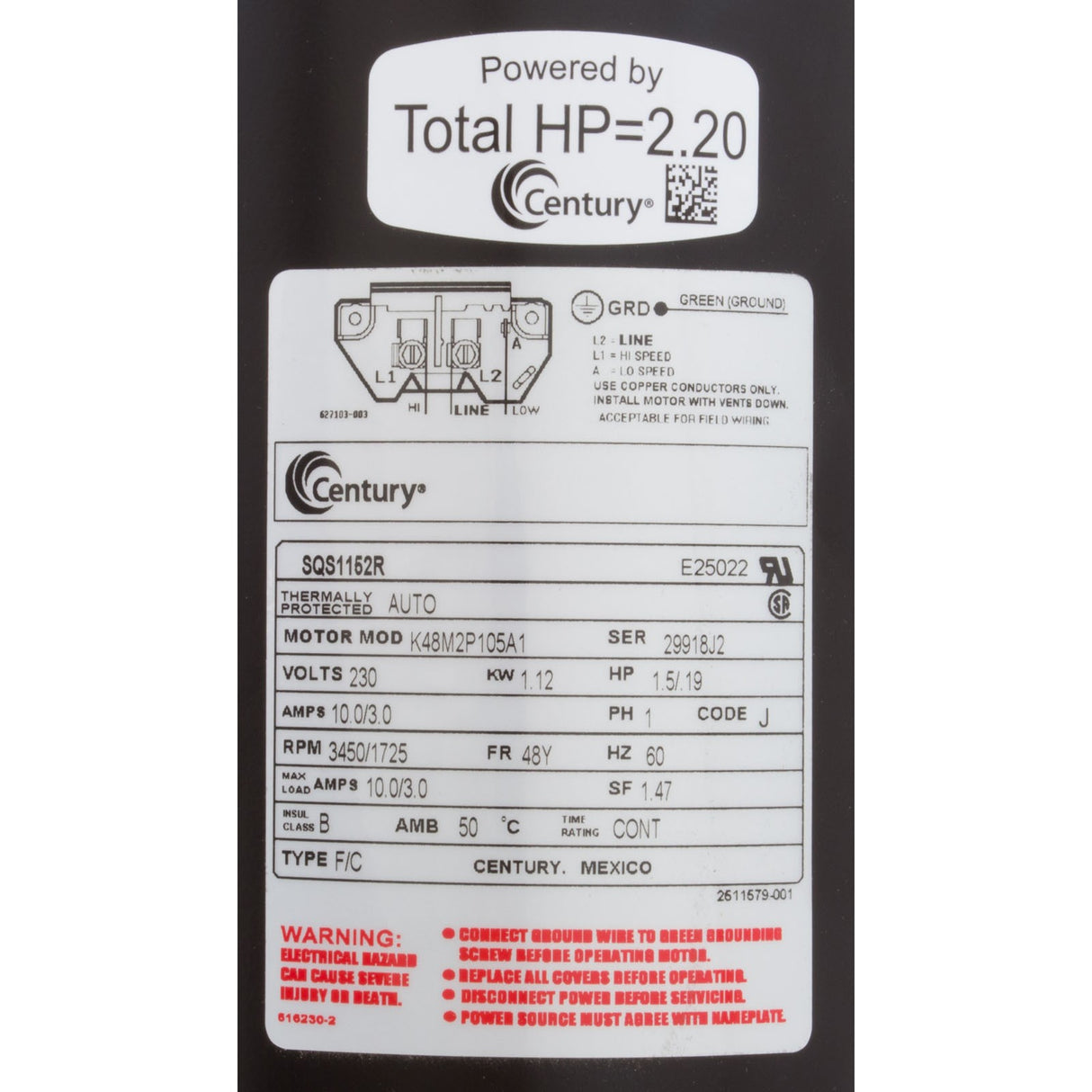Motor, Century, 1.5hp, 230v, 2-Spd, 48Yfr, SQFL, Full : SQS1152R