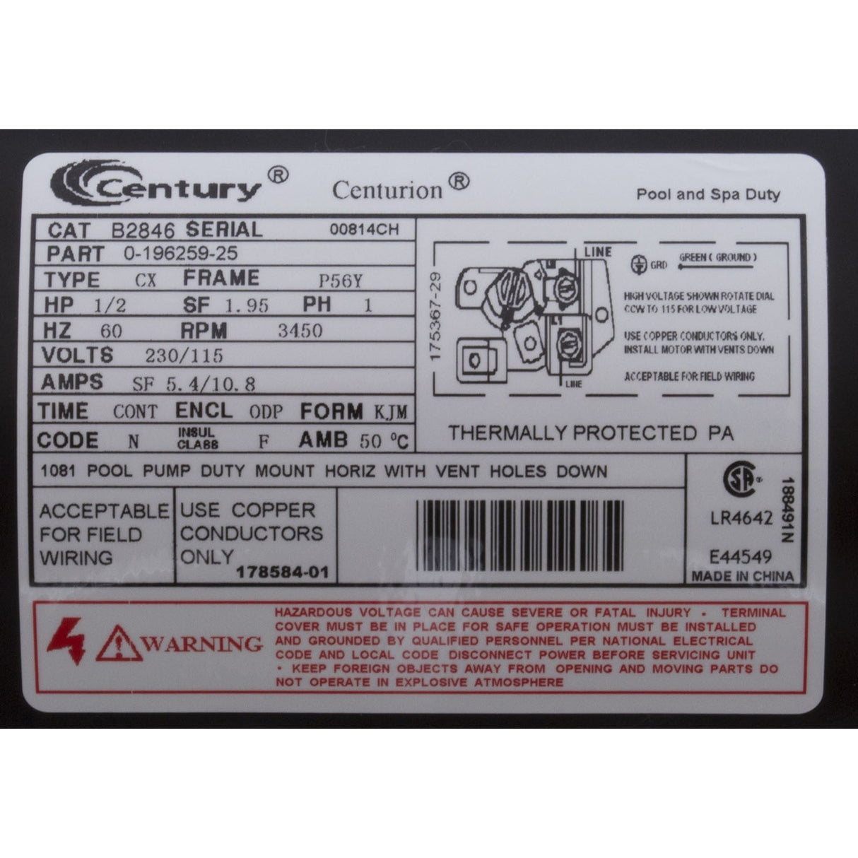 Motor, Century, 0.5hp, 115v/230v, 1-Spd, 56Yfr, SQFL : B2846