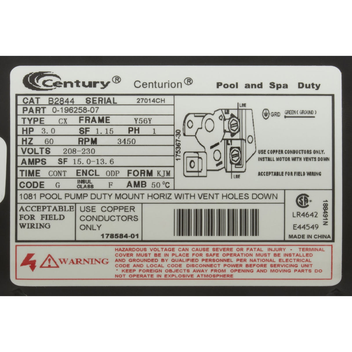 Motor, Century, 3.0hp, 208v-230v, 1-Spd, 56Yfr, SQFL, EE : B2844