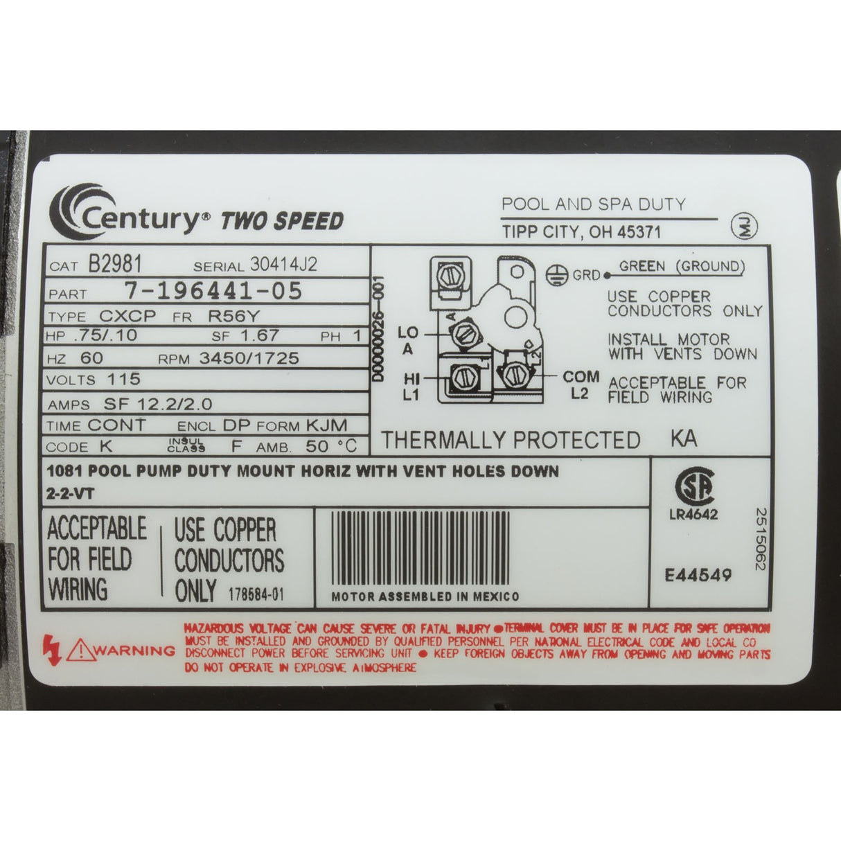 Motor, Century, 0.75hp, 115v, 2-Spd, 56Yfr, SQFL, EE : B2981