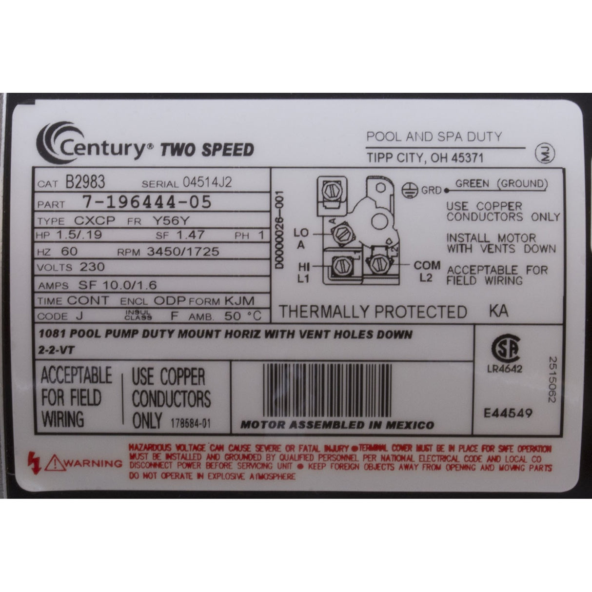 Motor, Century, 1.5hp, 230v, 2-Spd, 56Yfr, SQFL, EE : B2983