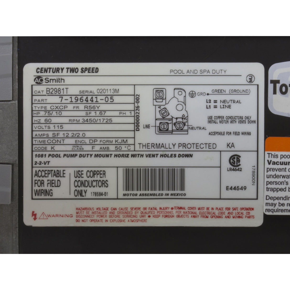 Motor, Century, 0.75hp, 115v, 2-Spd, 56Yfr, SQFL, 2-Green : B2981T
