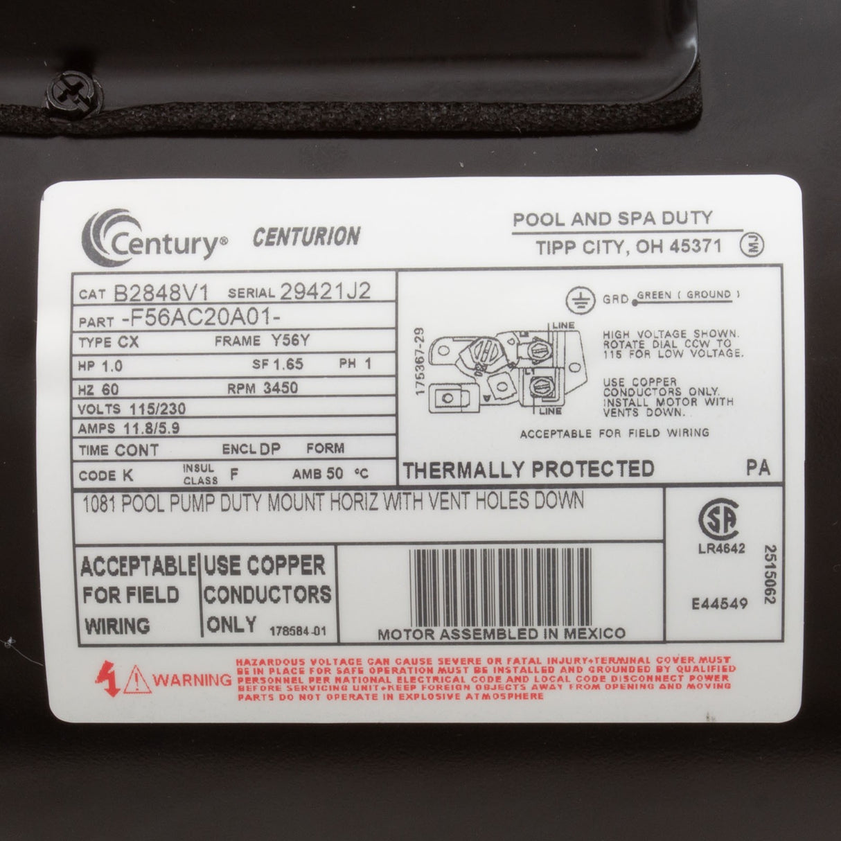 Motor, Century, 1.0hp, 115v/230v, 1-Speed, 56Yfr, SQFL : B2848V1