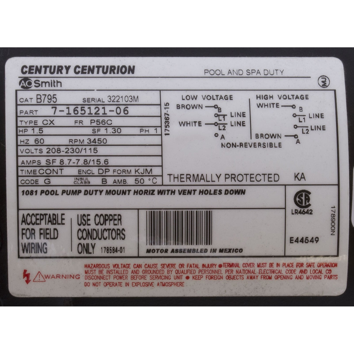 Motor, Century, 1.5hp 115v/208-230v, 1-Spd, 56Cfr, C-Face Key, EE : B795