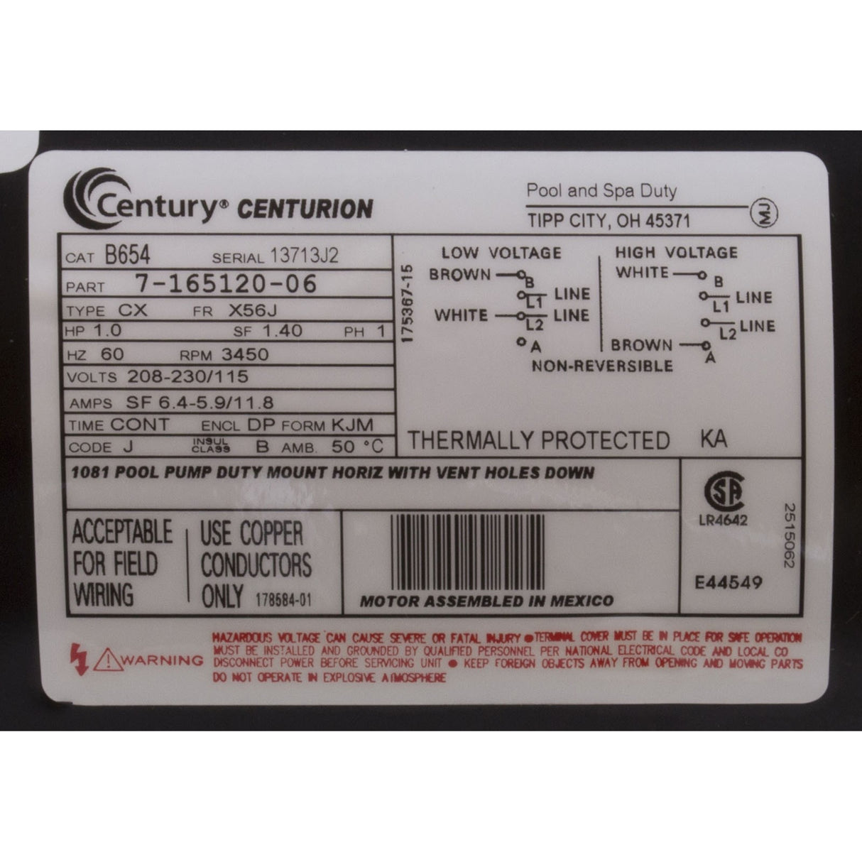 Motor, Century, 1.0hp, 115v/230v, 1-Spd, 56Jfr, C-Face Thd, EE : B654